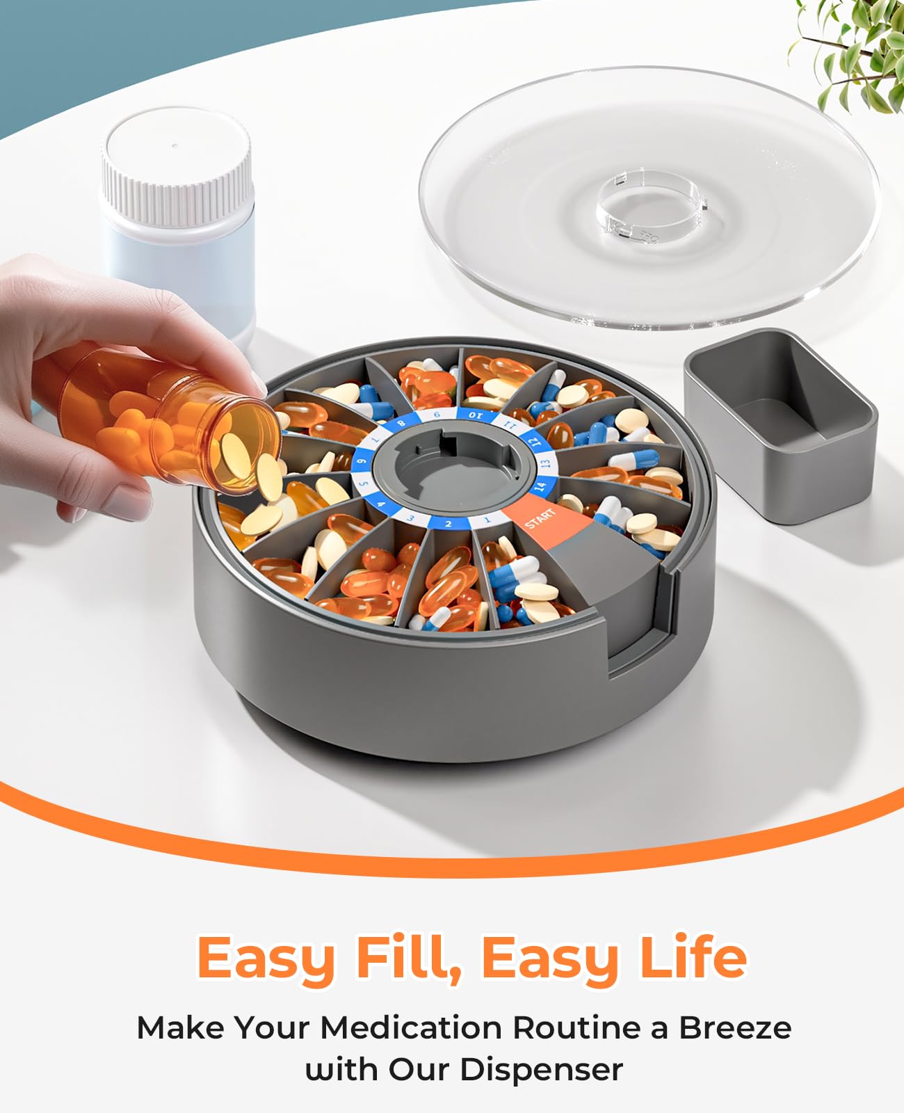 Daviky Pill Dispenser Daily, Large Pill Organizer with Wall-Mounted or Standing Use, 14 Days Pill Container, Push Button Design, Weekly Pill Box for Vitamin, Medicine,Supplement, Fish Oil(Gray)