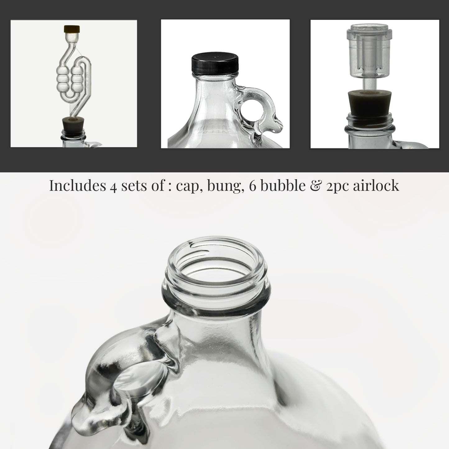 North Mountain Supply 1 Gallon Glass Fermenting Jug with Handle, 6.5 Rubber Stopper, 6-Bubble Airlock, 2-Piece Airlock & Black Plastic Lid - Set of 4