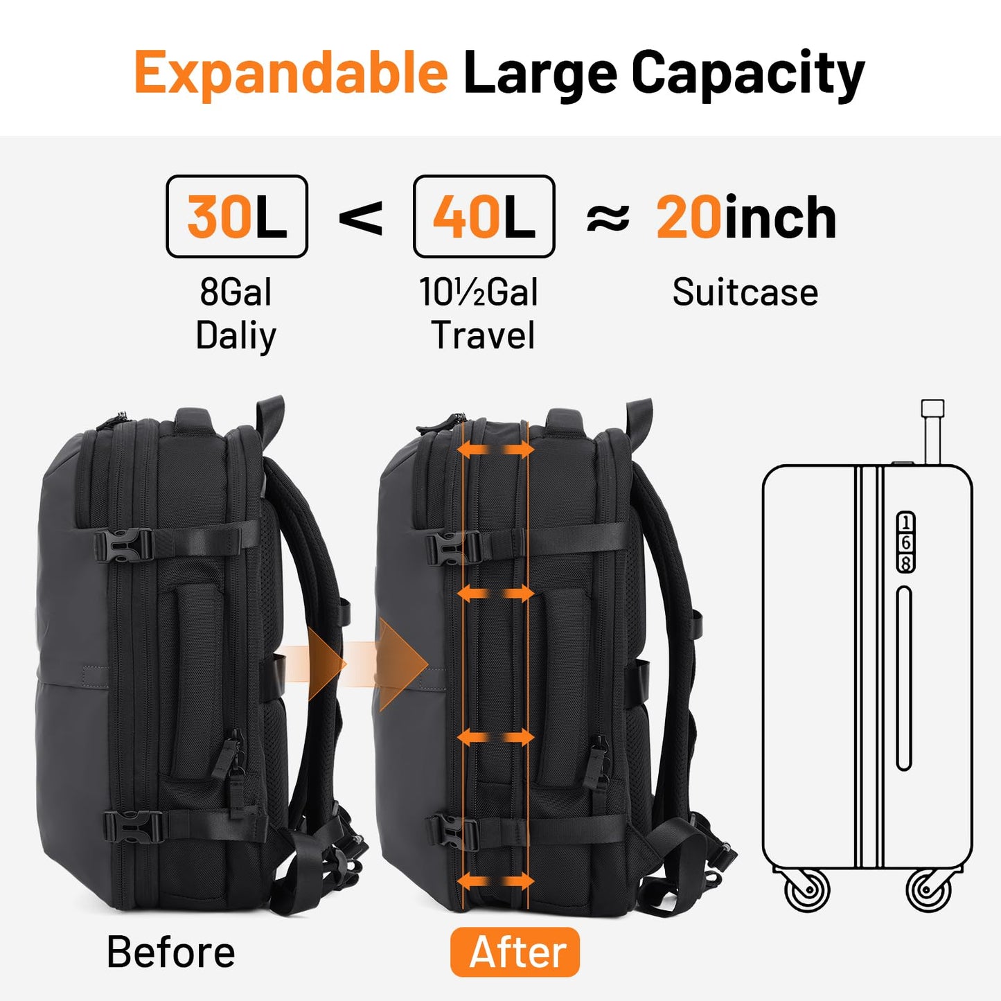 Oumurs Laptop Backpack for Long Travel with 30-40L Expandable Large Capacity Water-resistant Gray 1680D Oxford Fabric Lamination Fabric