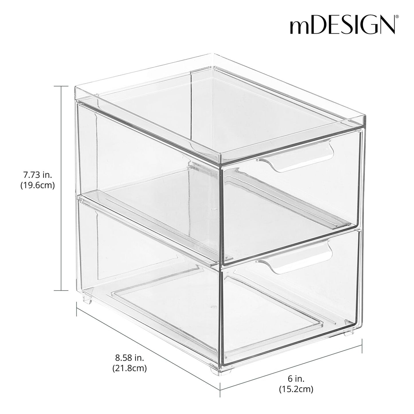 mDesign Stackable Storage Containers Box with 2 Pull-Out Drawers - Stacking Plastic Drawer Bins for Kitchen Pantry and Cupboard, Cabinet, Counter, Island and Tables - Lumiere Collection, 4 Pack, Clear