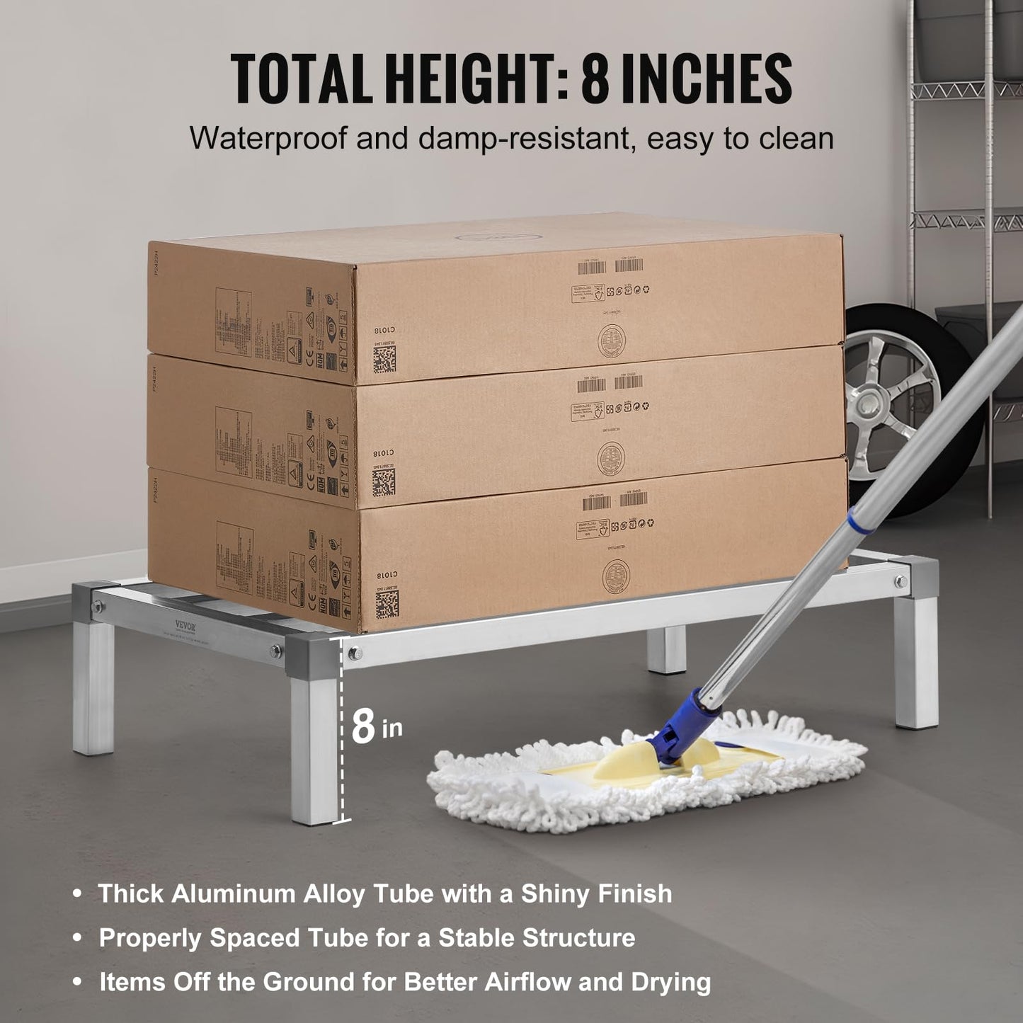 VEVOR Aluminum Dunnage Rack, 36” x 20” Commercial Food Floor Rack, 8” Off The Floor, 1000 lbs Capacity All-Welded Aluminum Storage, for Storage in Restaurants, Kitchens, Garages and Vehicles