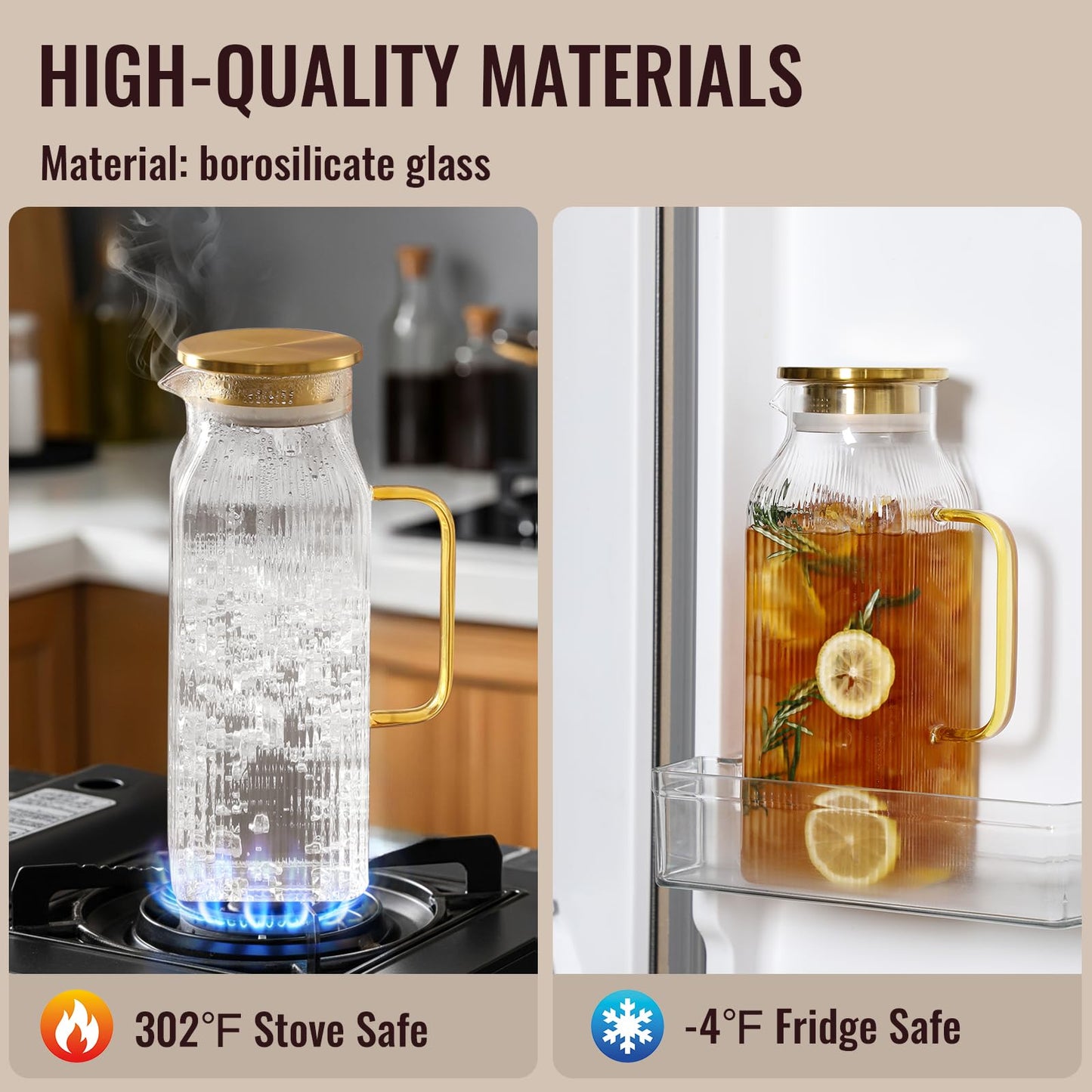 2 Pack 2 Liter/68 oz Square Glass Pitcher with Lid, Classic Stripes Water Pitchers with Handle for Fridge, Large Jug for Iced Tea, Coffee, Borosilicate Glass Carafe for Hot/Cold Brew Drink, Gold