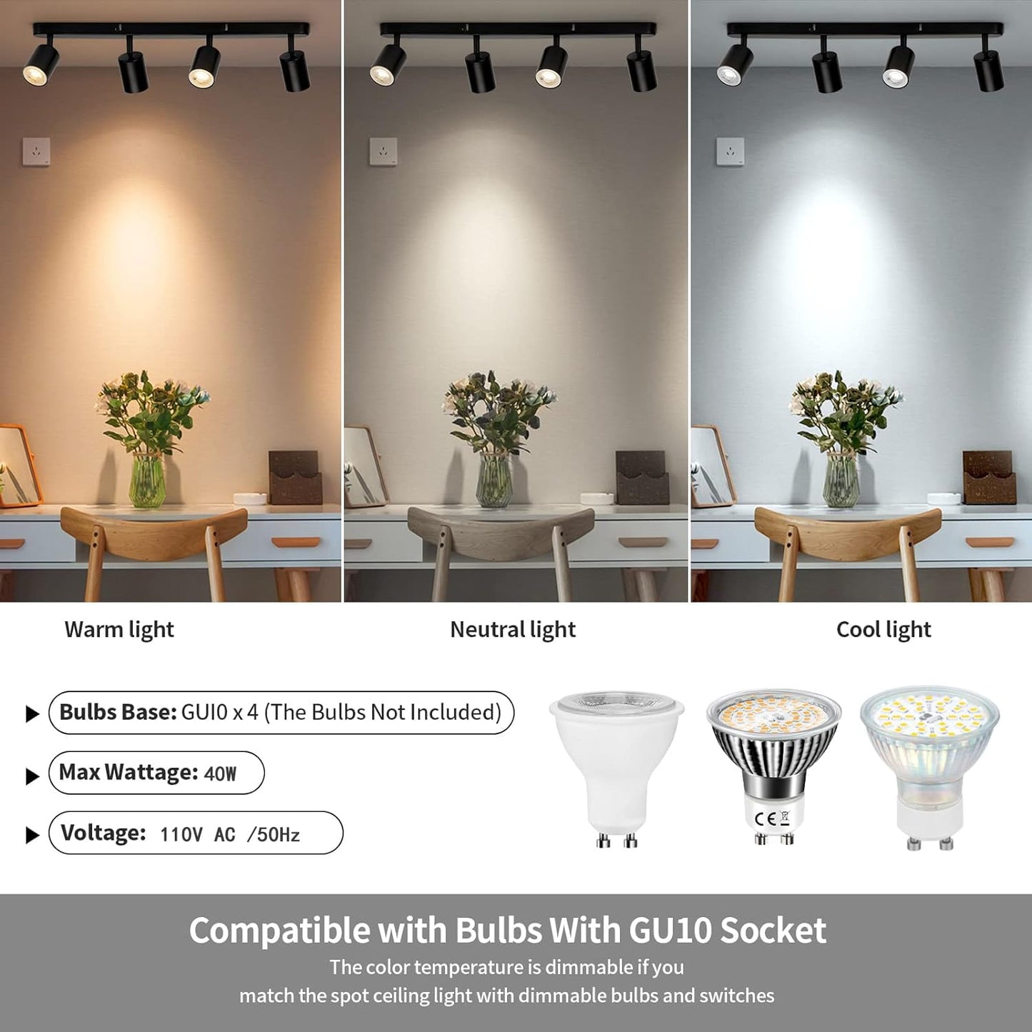 SGGSHENNAN 4 Way Track Lighting Kit Flexibly Rotatable Track Light Ceiling Kitchen LED Ceiling spot Light for Bedroom, Picture Wall, Hallway, Office, Bar, GU10 Socket (Black-4)