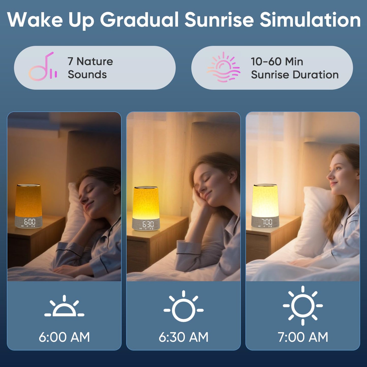 AFEXOA Sunrise Alarm Clock with Wake Up Light, White Noise Machine with 30 Soothing Sounds, Dimmable Display, Night Light for Bedroom, Heavy Sleepers, Adults & Kids