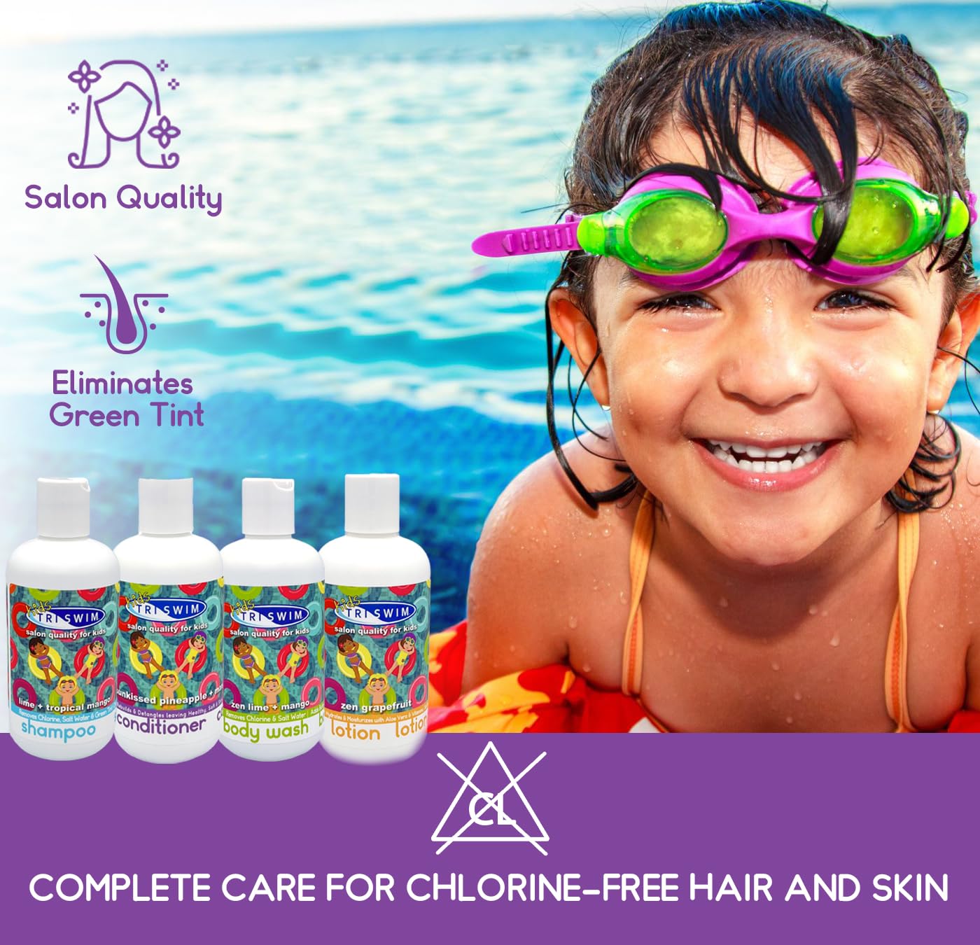 TRISWIM Kids After Swim Value Pack of 4 Travel Mesh Bag + Swim Care Chlorine Removal Body Wash + Swimming Lotion + Swim Shampoo and Conditioner 8.5 fl oz Keep your Little Swimmers Clean and Healthy