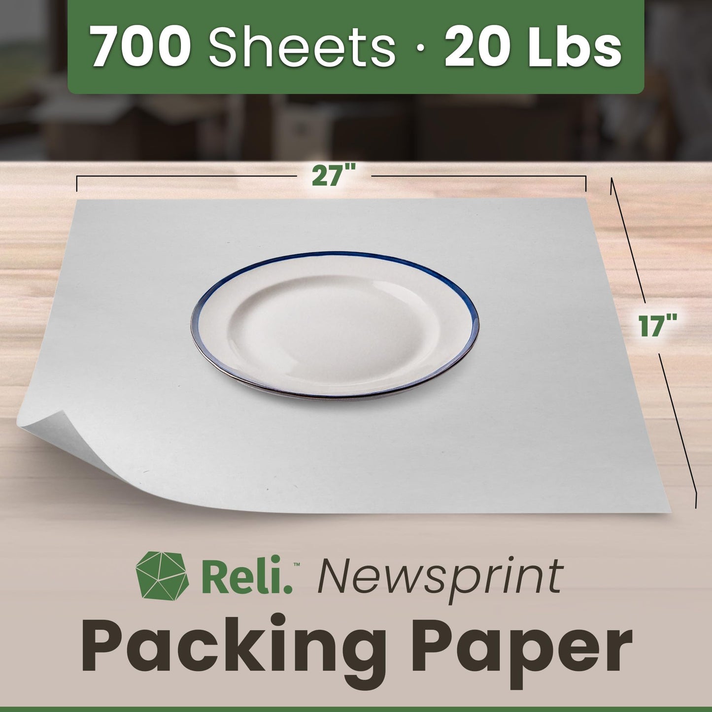 Reli. Newsprint Packing Paper (20 lbs), 700 Sheets | 27" x 17" | Packing Paper Sheets for Moving | Newspaper Box Filler | Perfect for Wrapping, Moving, & Packaging Supplies | Made in the USA
