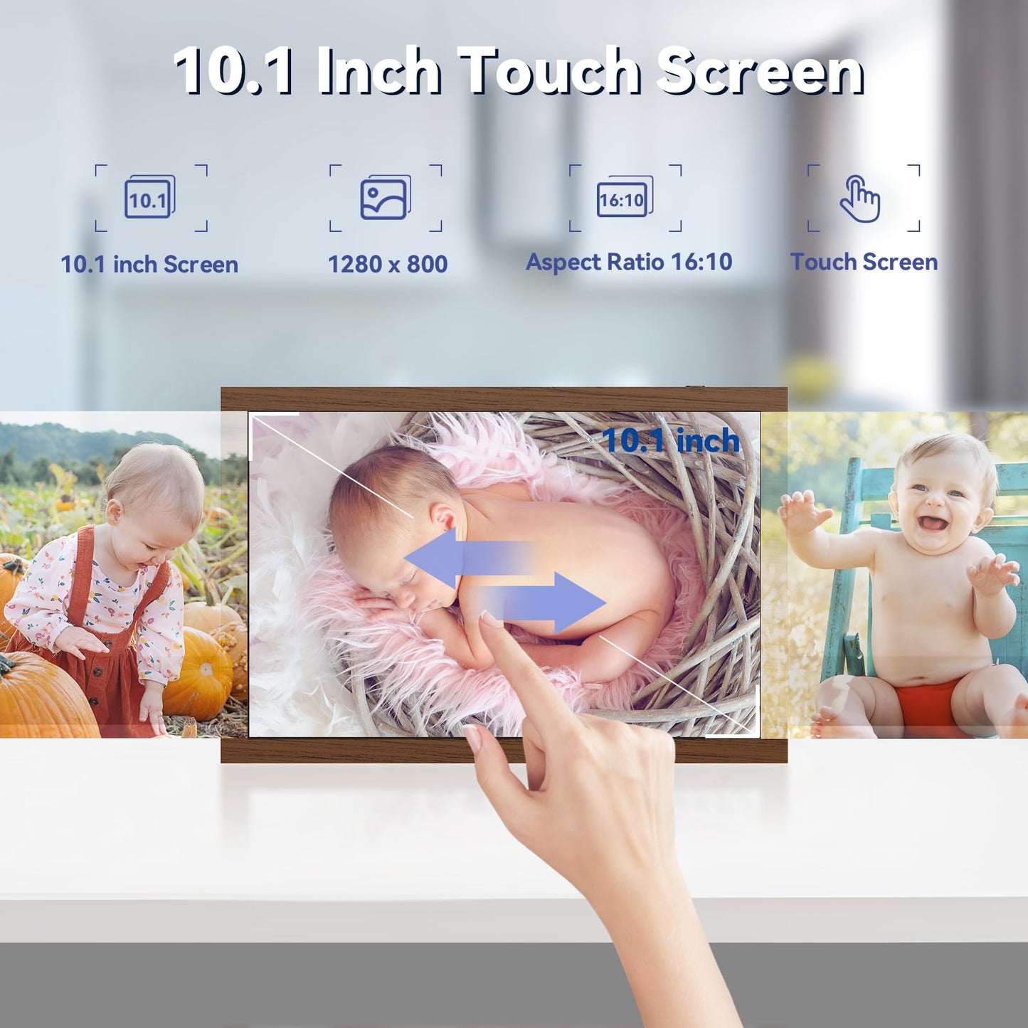 Kosshe 10.1" WiFi Digital Picture Frame, 1280x800 IPS HD Touch Screen, Smart Electronic Photo Frame, 16GB Storage, Auto-Rotate, Easy Setup to Share Photos or Videos Remotely via App and Email