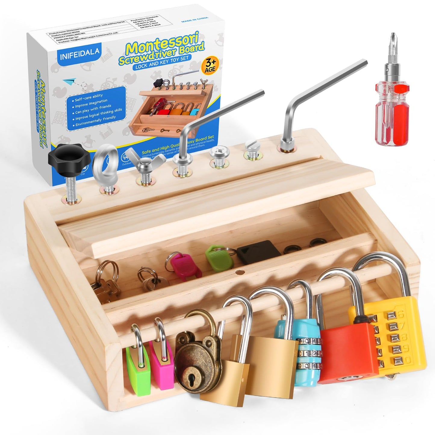 INIFEIDALA Montessori Toys for 3 4 5 Year Old,Montessori Screwdriver Board Set-Lock and Key Toy,Kids Tool Set,Preschool Learning Sensory Toys,Fine Motor Skills,STEM Toys(8 Locks and Keys)