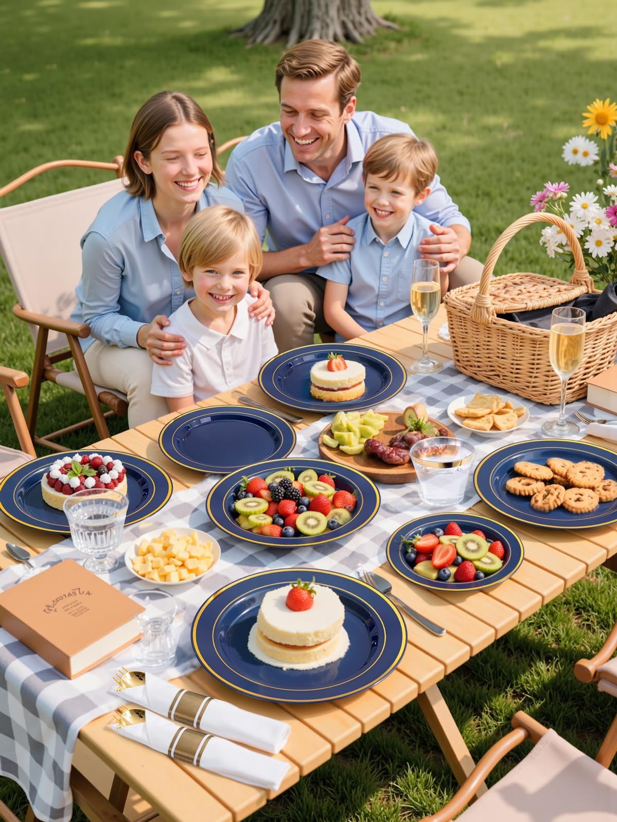 WDF Partyware 350PCS Navy Blue and Gold Plastic Plates with Rolled Napkins Include Dinner Plate 10’’, Dessert Plate 7’’, gold Cups 9 OZ, Pre Rolled Napkins for Birthday/Wedding/Party/Graduation