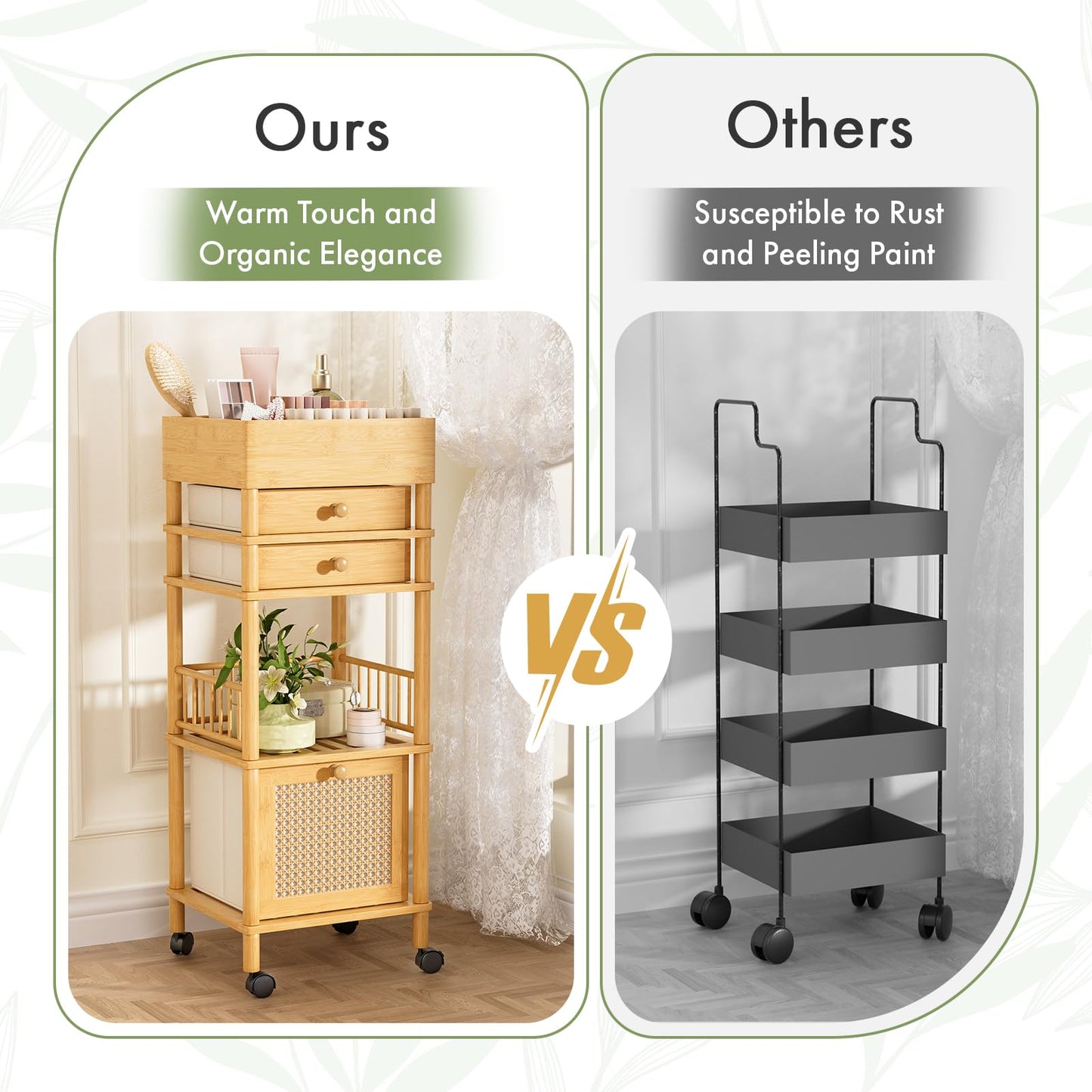 Amazer Bamboo Makeup Organizer Cart with 3 Drawers, Floor Skin Care Storage for Bathroom Bedroom, Rolling Vanity Organizer Cart for Cosmetic, Nail Polish, Perfume and Hair Tools