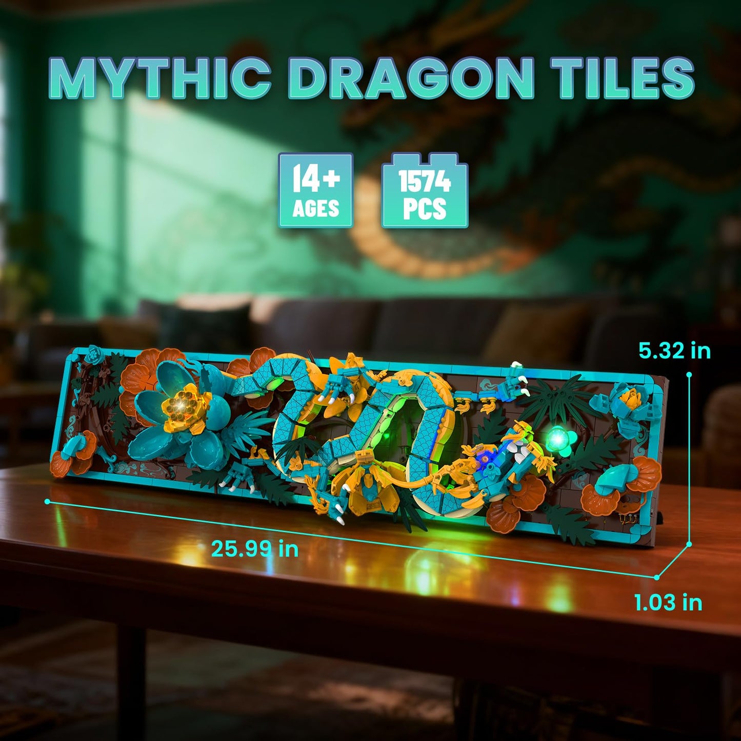 JMBricklayer Mythic Dragon Tiles Building Block Sets with LED Lights for Adult 70019, Wall Art Crafts Frame Building Set, Dragon Toy with Flowers Model Building Block Kit for Adult Home Office Decor
