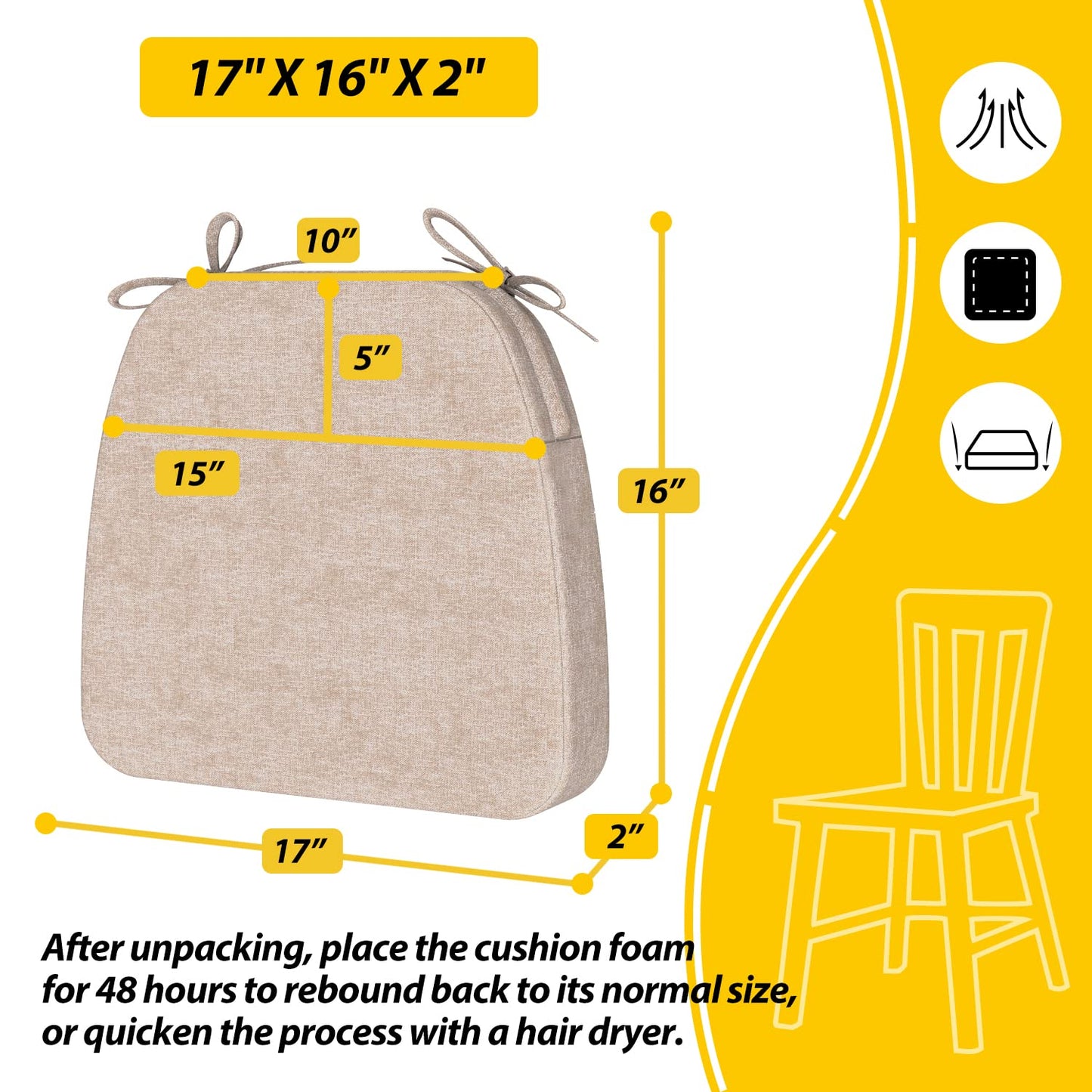 AAAAAcessories D-Shaped Chair Cushions, 2" Thick Dining Chair Pads with Ties and Removable, Machine-Washable Cover, 17" x 16", Set of 4, Oatmeal Beige