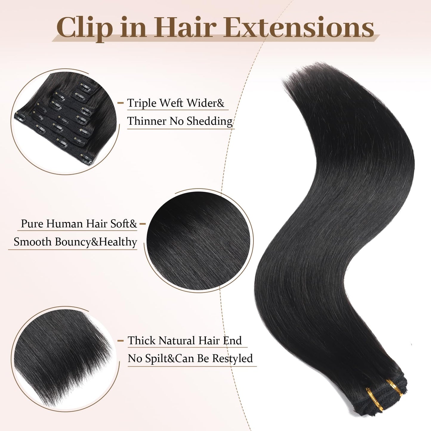Sisily Clip in Hair Extensions Real Human Hair, 24 Inch Premium Human Hair Clip in Extensions Natural Black, Soft Straight Hair Extensions Real Human Hair Clip ins 7PCS Double Weft（24 Inch #1B）