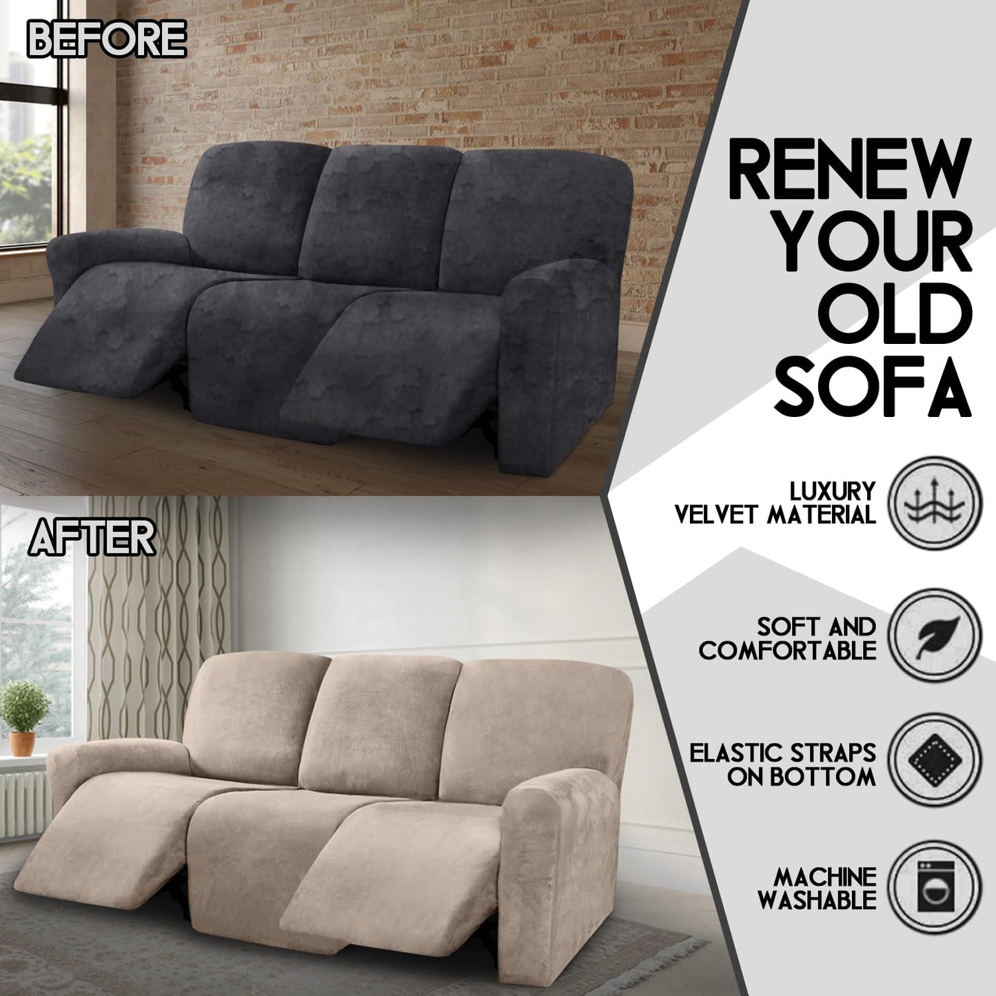 ULTICOR Velvet 8-Pieces Recliner Sofa Covers Stretch Reclining Couch Covers for 3 Cushion Reclining Sofa Slipcovers Furniture Covers Thick Soft Washable (3 Seater Recliner Cover, Taupe)