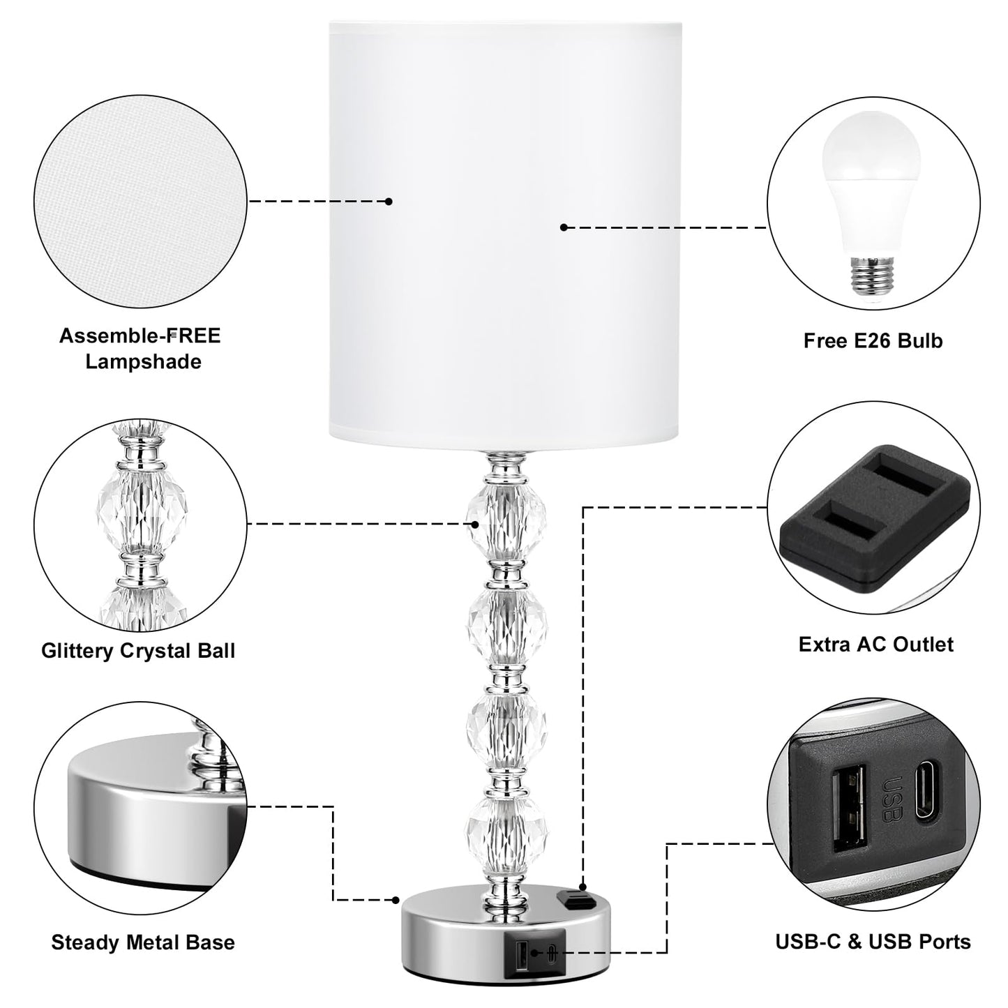 Acaxin Touch Bedside Crystal Lamps for Bedrooms Nightstand with USB C+A Charging Port and AC Outlet White, 3 Way Dimmable Silver Large End Side Table Lamp for Living/Guest/Dinning Room/Kitchen