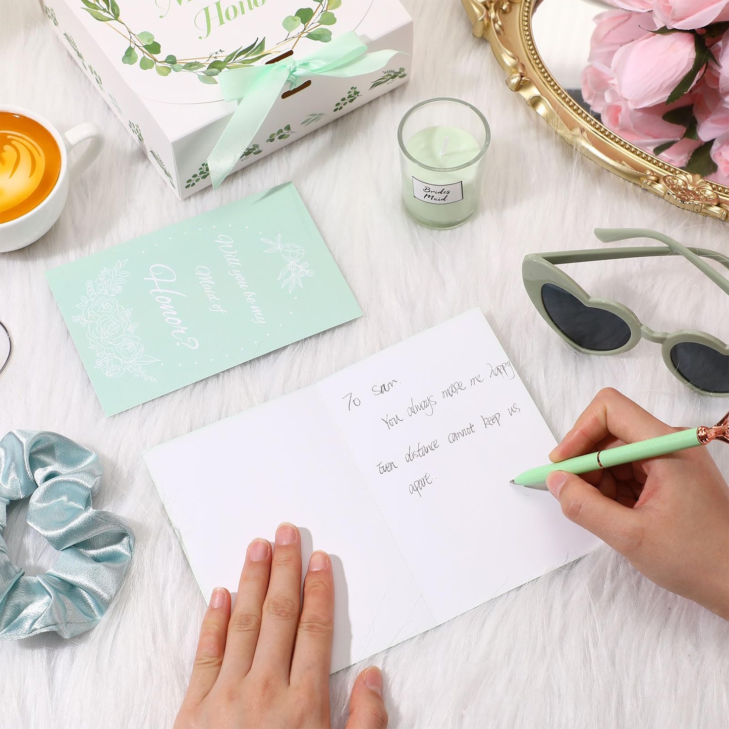 Nuogo 88 Pcs Bridesmaid Proposal Gifts Maid of Honor Gift Bridal Shower Gifts Cosmetic Makeup Bags Invited Cards Knotted Bracelets Scrunchies Hair Diamond Pens Favors for Wedding(Green, Modern)