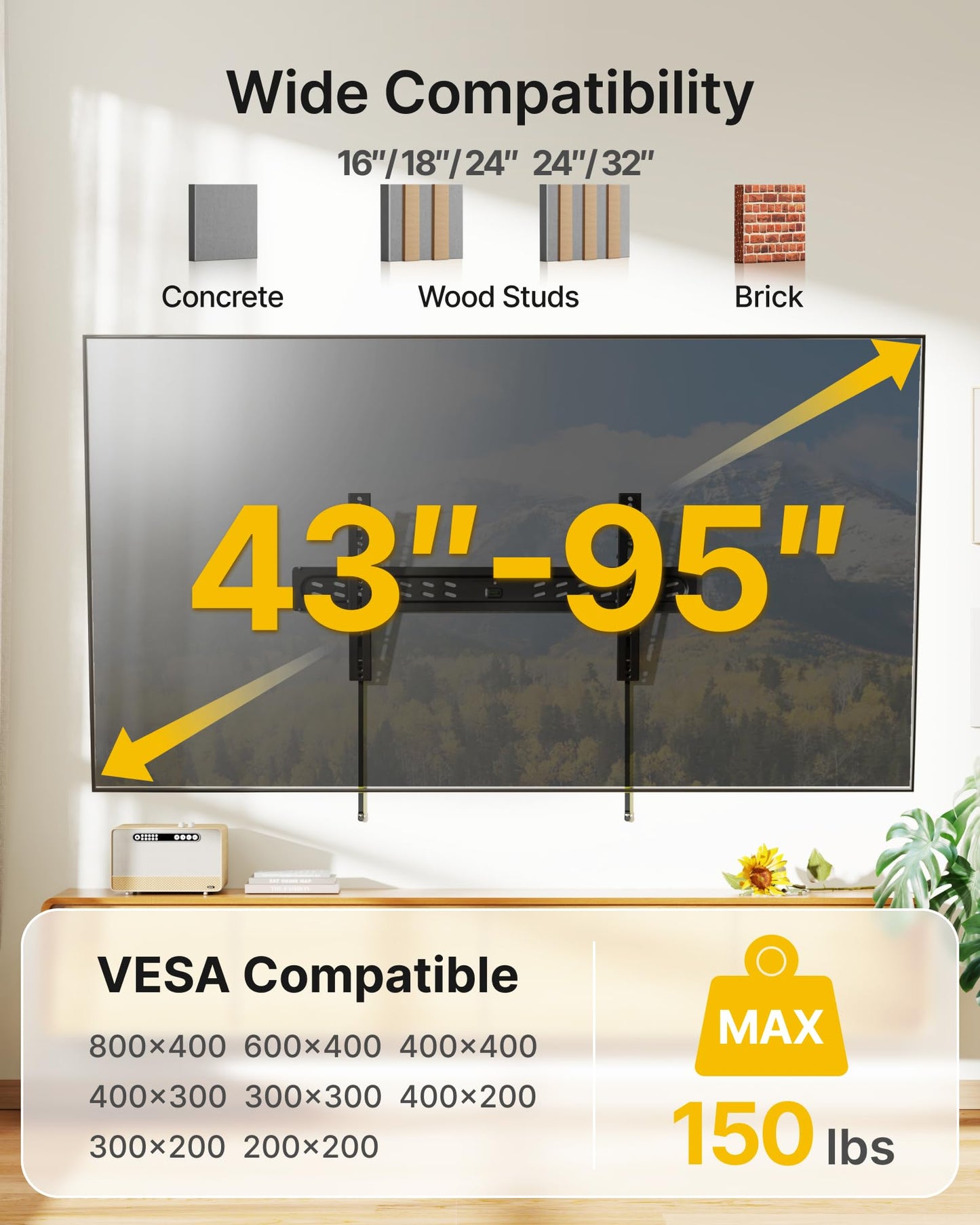 monTEK Ultra Slim Fixed TV Wall Mount Bracket for 43–95" Flat & Curved TVs, Super Low Profile 0.95" from Wall, Holds 150 lbs, Supports VESA 800x400, Fits 16"/18"/24"/32" Studs