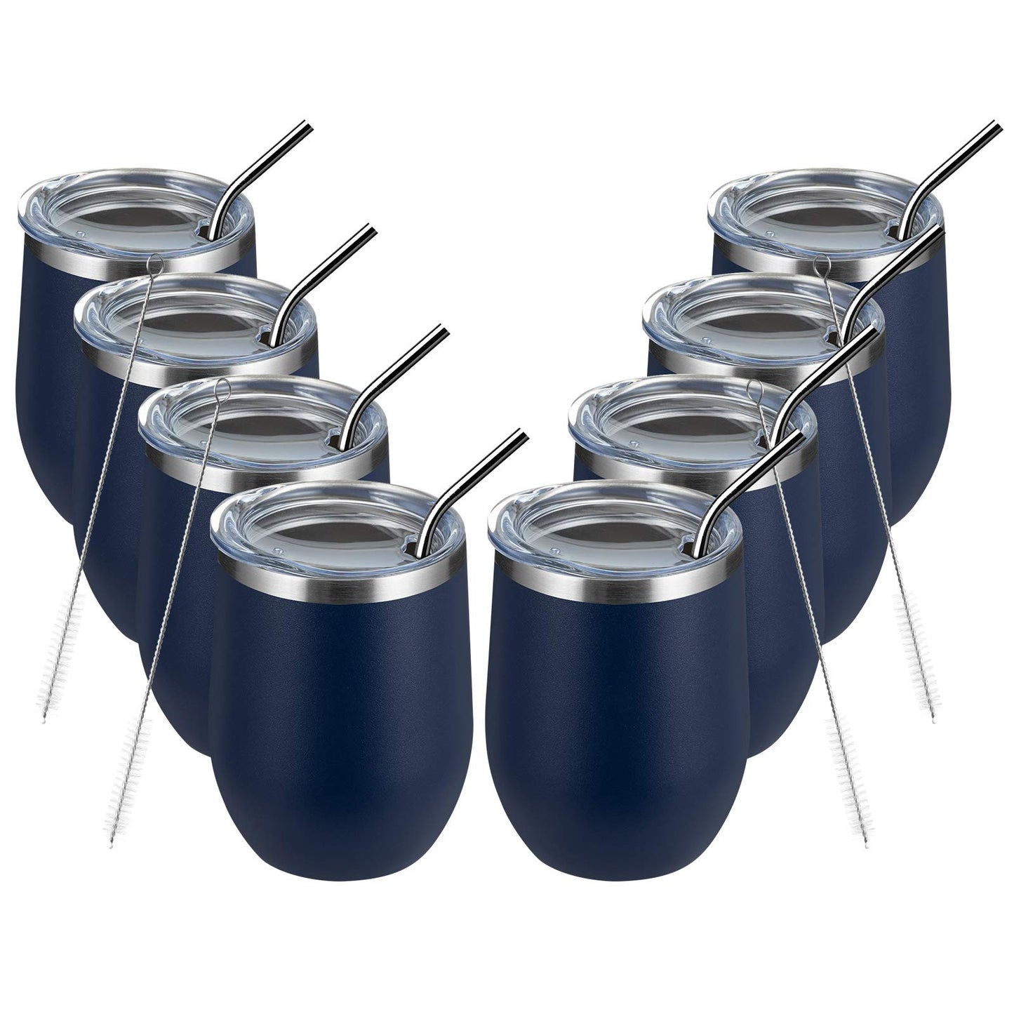 MEWAY 12oz/8 Pack Wine Tumbler Glasses with Lid - Stemless Double Wall Vacuum Stainless Steel Travel Tumbler - Keeping Cold & Hot for Wine,Coffee,Cocktails,Drinks-Family and Gifts (Navy,Set of 8)