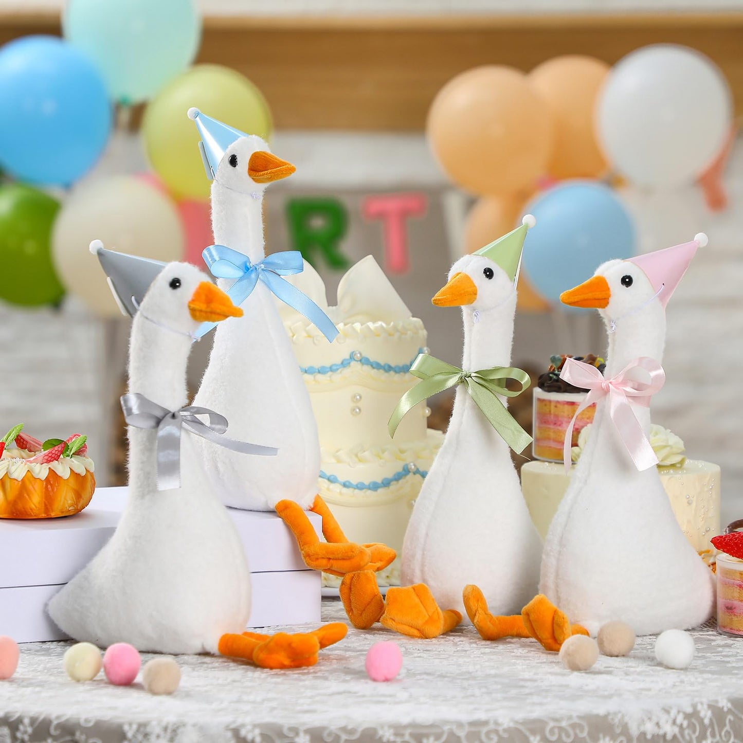 Blueweenly 12 Sets 11.8 Inch One Silly Goose Plush Party Favor, Birthday Decor for Girl Boy Stuffed Goose Animals with Hats and Ribbons(Cuddly Style)