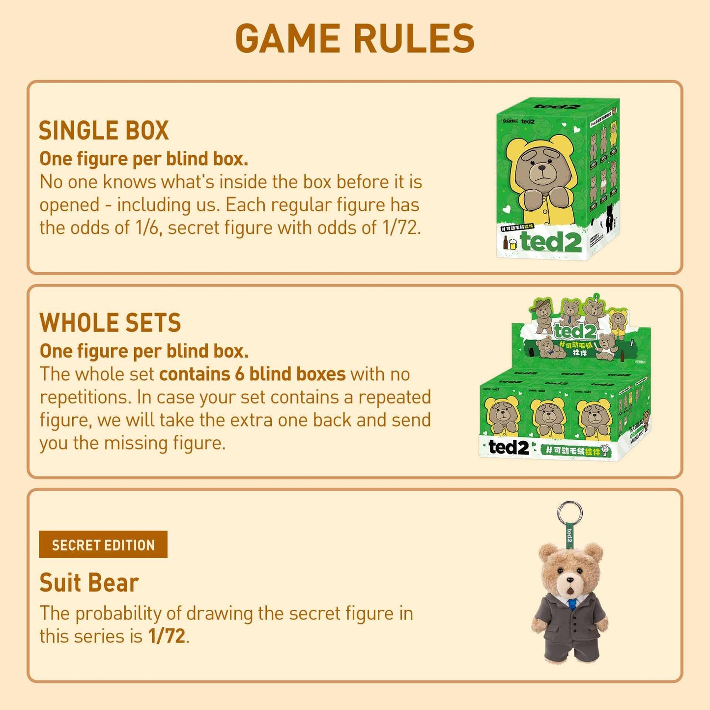 POP MART Ted2 Teddy Bear Action Plush Pendant Blind Box Figures, Random Design Action Figures Collectible Toys Home Decorations, Single Box
