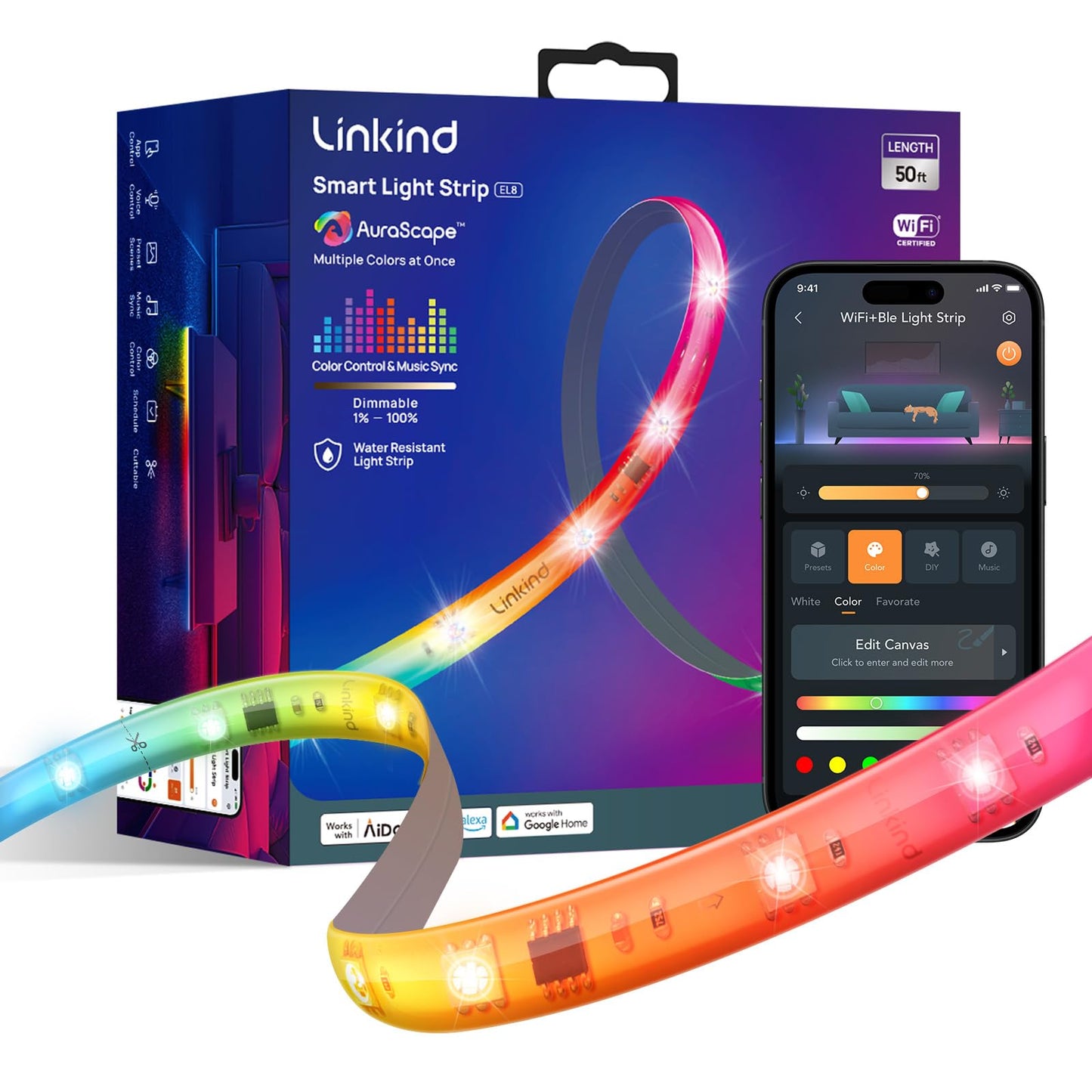 Linkind LED Strip Lights RGB 50ft, Smart Light Strip Work with Alexa and Google Home, App Control Music Sync Segmented Color Changing Led Lights for Bedroom Kitchen