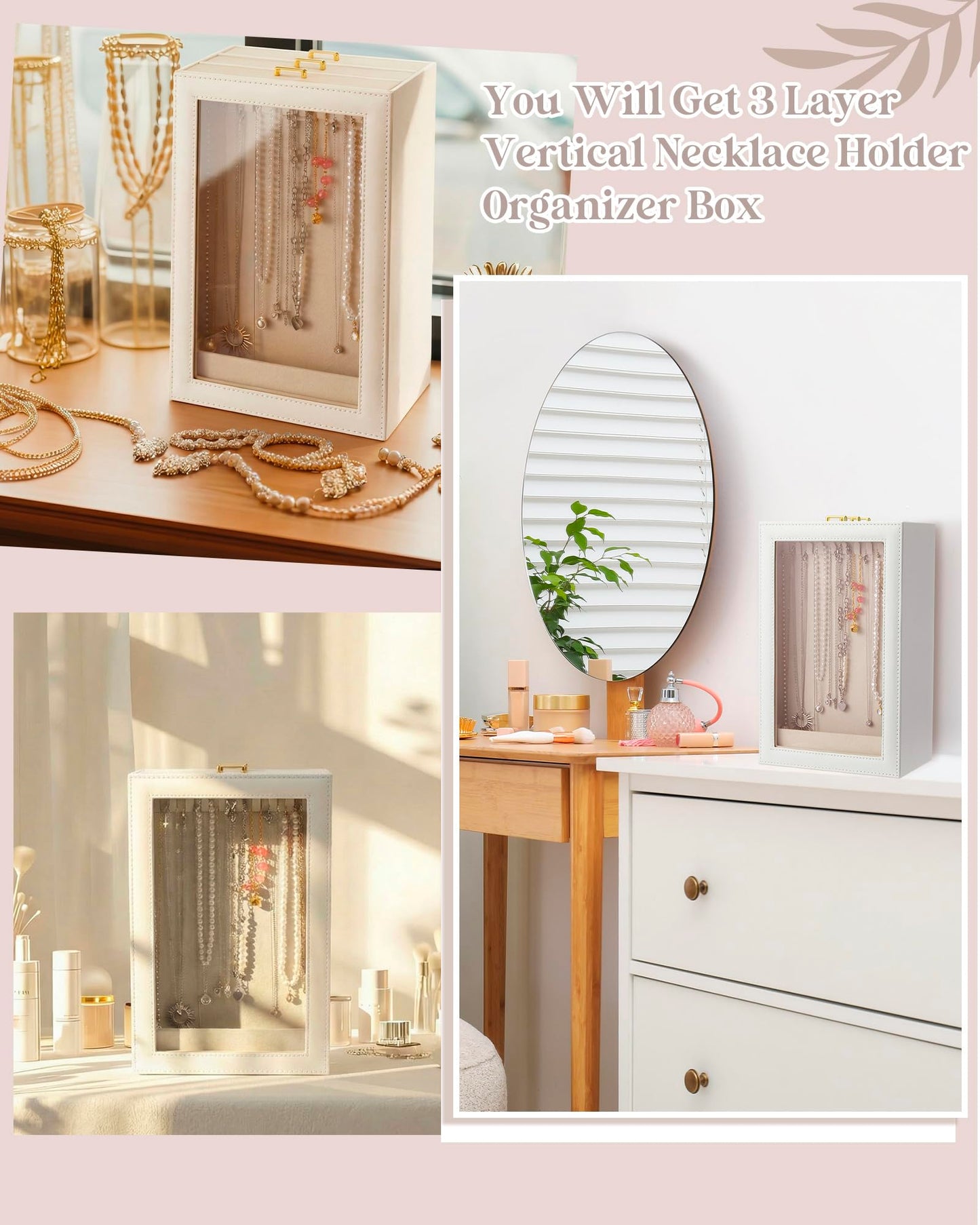 Huquary 3 Layer Vertical Necklace Holder Organizer Box 12.6" x 7.9" x 5", 30 Hooks PU Necklace Storage Box with Clear Lid Necklaces Display Case for Jewelry Organizer Storage Women Gift(White)