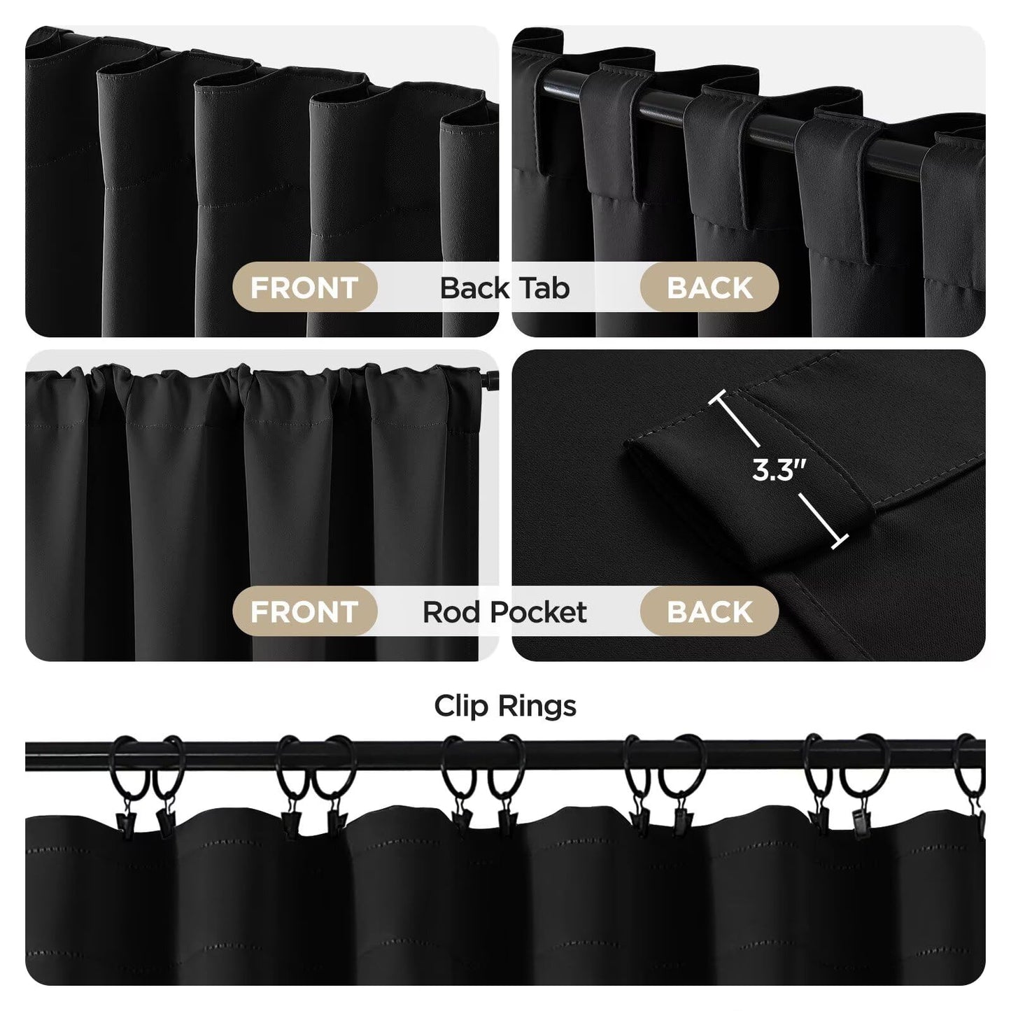 Joydeco 72 Inch Blackout Curtains for Bedroom, Black Out Curtains 72 Inch Long, Room Darkening Curtains & Drapes for Living Room Window Rod Pocket Back Tab (W52 x L72 Inch, Black)