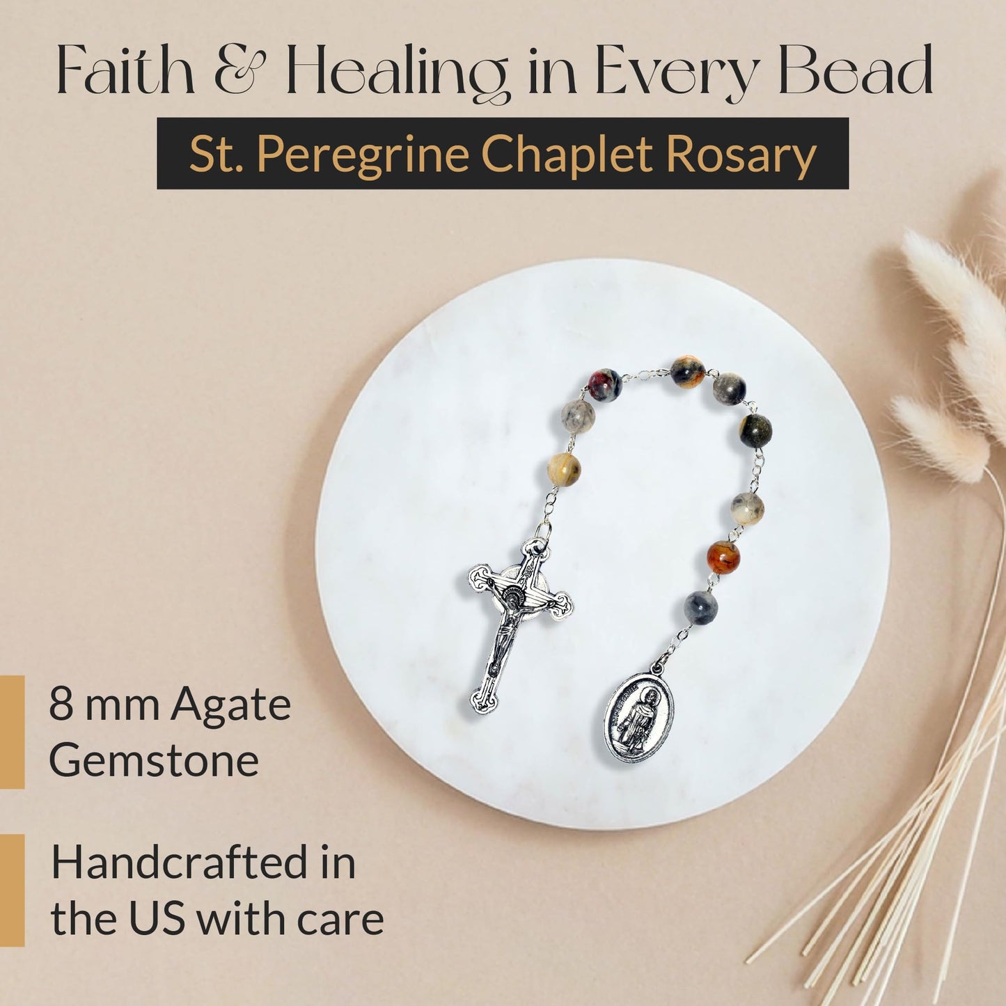 Agate Gemstone St. Peregrine Chaplet (Patron Saint of Cancer Patients and Illness) - Includes Holy Card, How to Pray The Chaplet, Gemstone Meaning (Agate Gemstone)