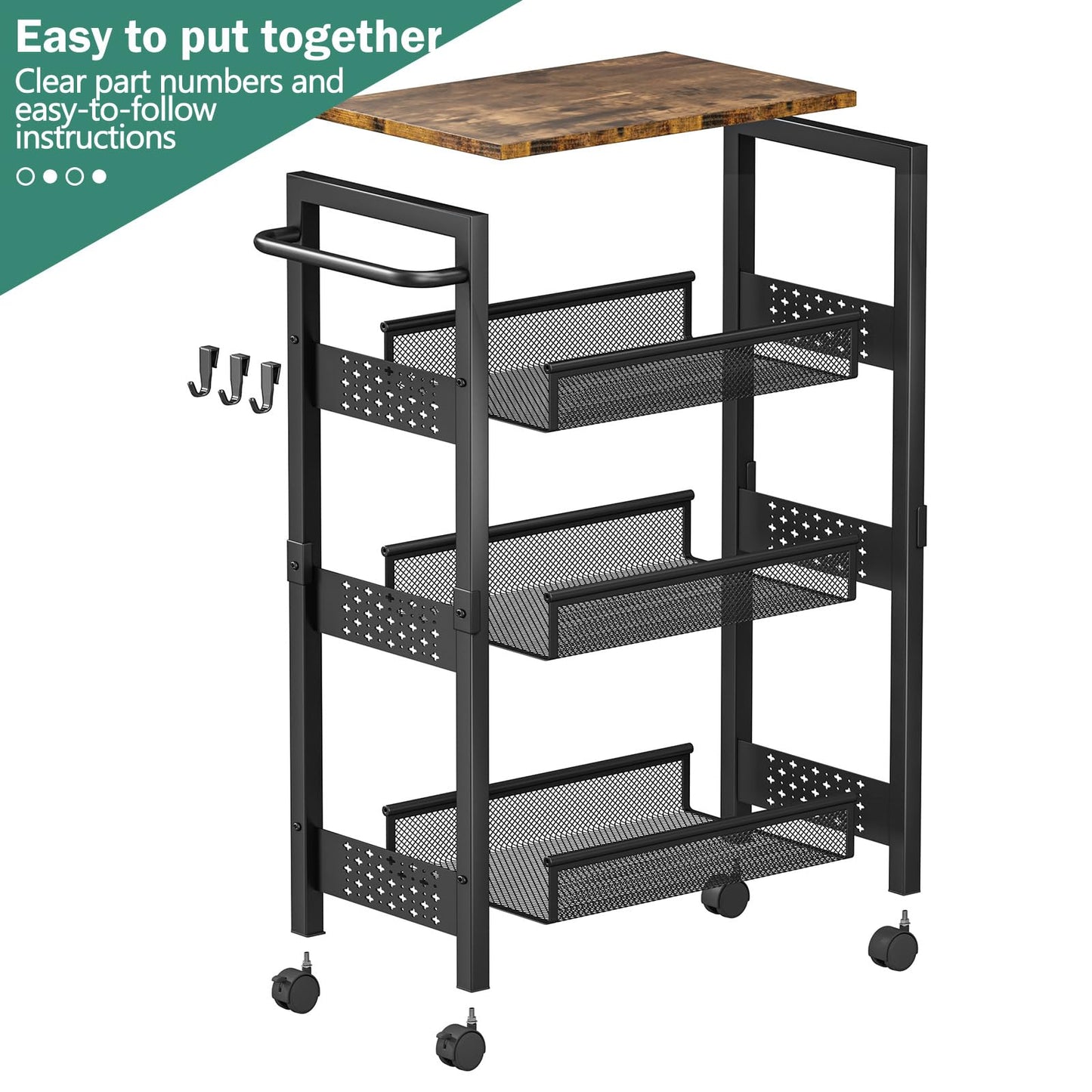 Vivihomety Utility Slim Storage Cart with Wheels, 4-Tier Narrow Rolling Organizer Shelf with Wood Top, Metal Storage Rack and Space-Saving Organizer for Bathroom, Kitchen, Laundry Room, Small Spaces