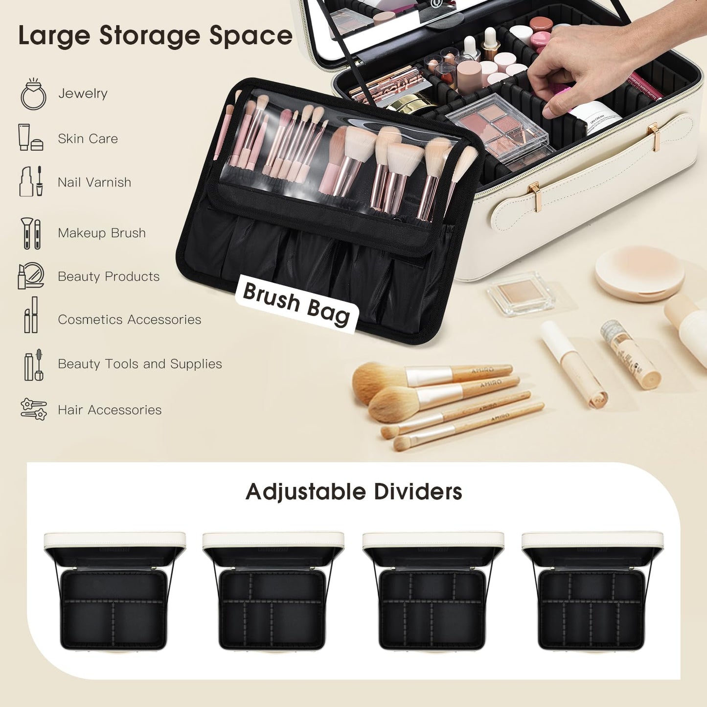 Faquenc Leather Makeup Case with LED Lighted Mirror 11.4 Inch Travel Makeup Bag Adjustable Brightness in 3 Colors Cosmetic Organizer Artist Storage Bag with Dividers Brush Holder Bag Present Box White