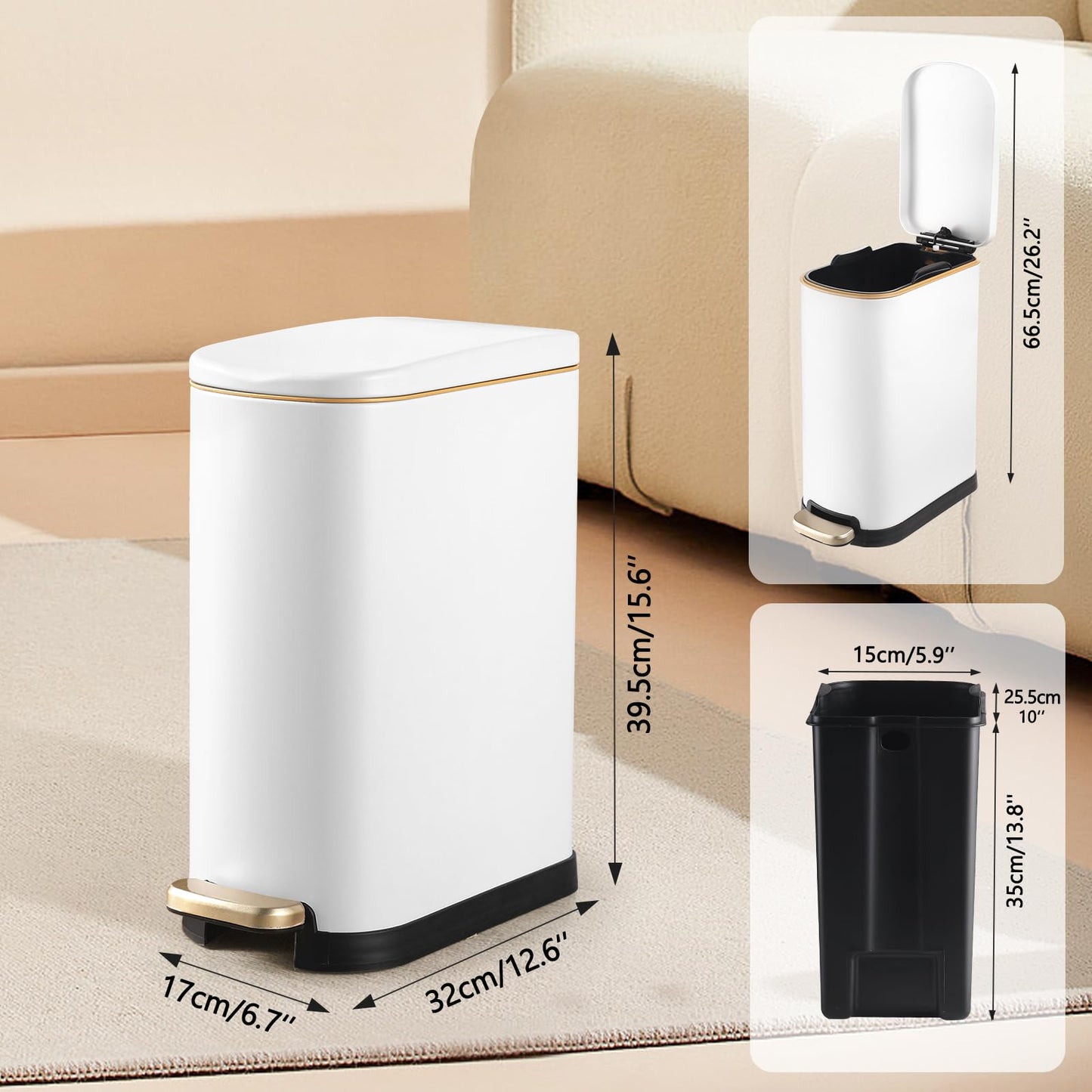 ELPHECO Bathroom Trash Can with Lid Soft Close, 3.5 Gallon / 13.5 Litre Stainless Steel Pedel Garbage Can with Removable Inner Bucket, Wastebasket for Bathroom, Office, Bedroom, Matte White