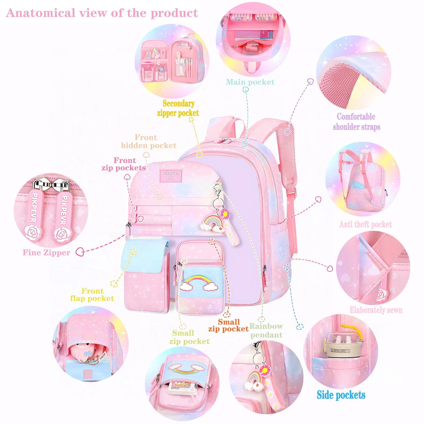 Jcobvig Rainbow Backpack For Girls Kids,Cute Student School Backpack With Pen Bag,Pink Aesthetic Starry Rainbow Laptop Travel Bag (Pink Medium 16.5in