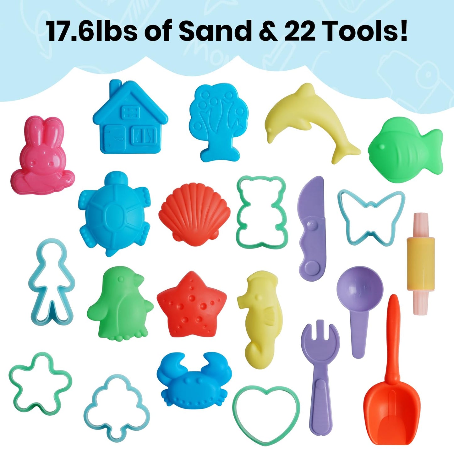 FURWEY 17.6lbs Play Sand, Mixed Packaging of 8-Color Sensory Sand with 22 Molds, Suitable for Children to Shaping, Squeezing and Sculpting
