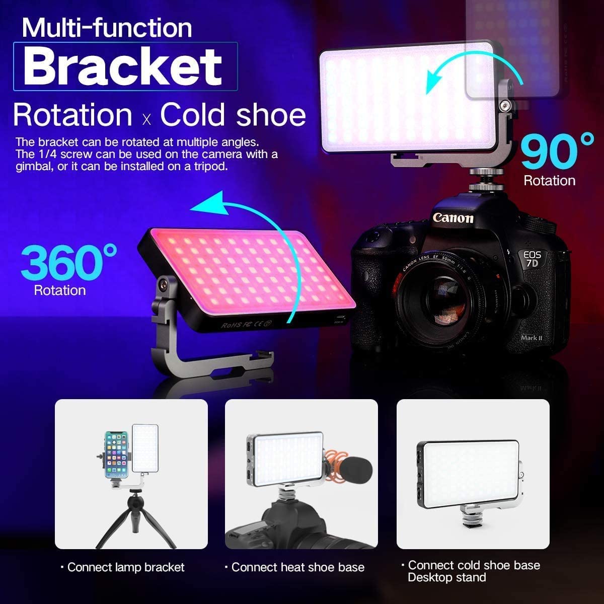 IVISII G2 Pocket RGB Camera Light,32Wh Built-in 4300mAh Rechargeable Battery 360°Full Color Gamut 9 Light Effects,2600-10000K LED Video Light Panel with Aluminum Alloy Body, Adjustable Tripod Stand