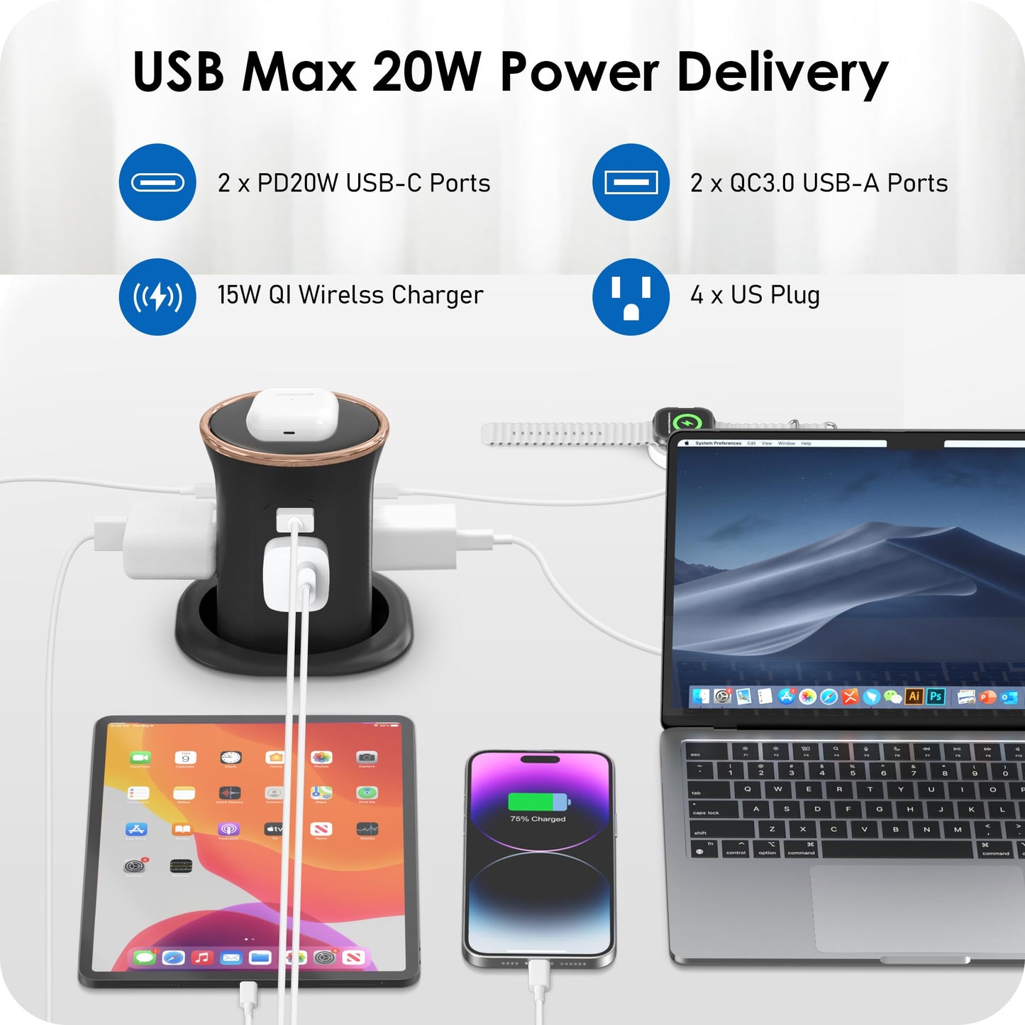 ANNQUAN Motorized Pop Up Countertop Receptacle with 15W Wireless Charger,Max 20W Power Delivery,3.15" Automatic Pop Up Electrical Outlet with 4 Outlets 4 USB Ports for Home Office Kitchen