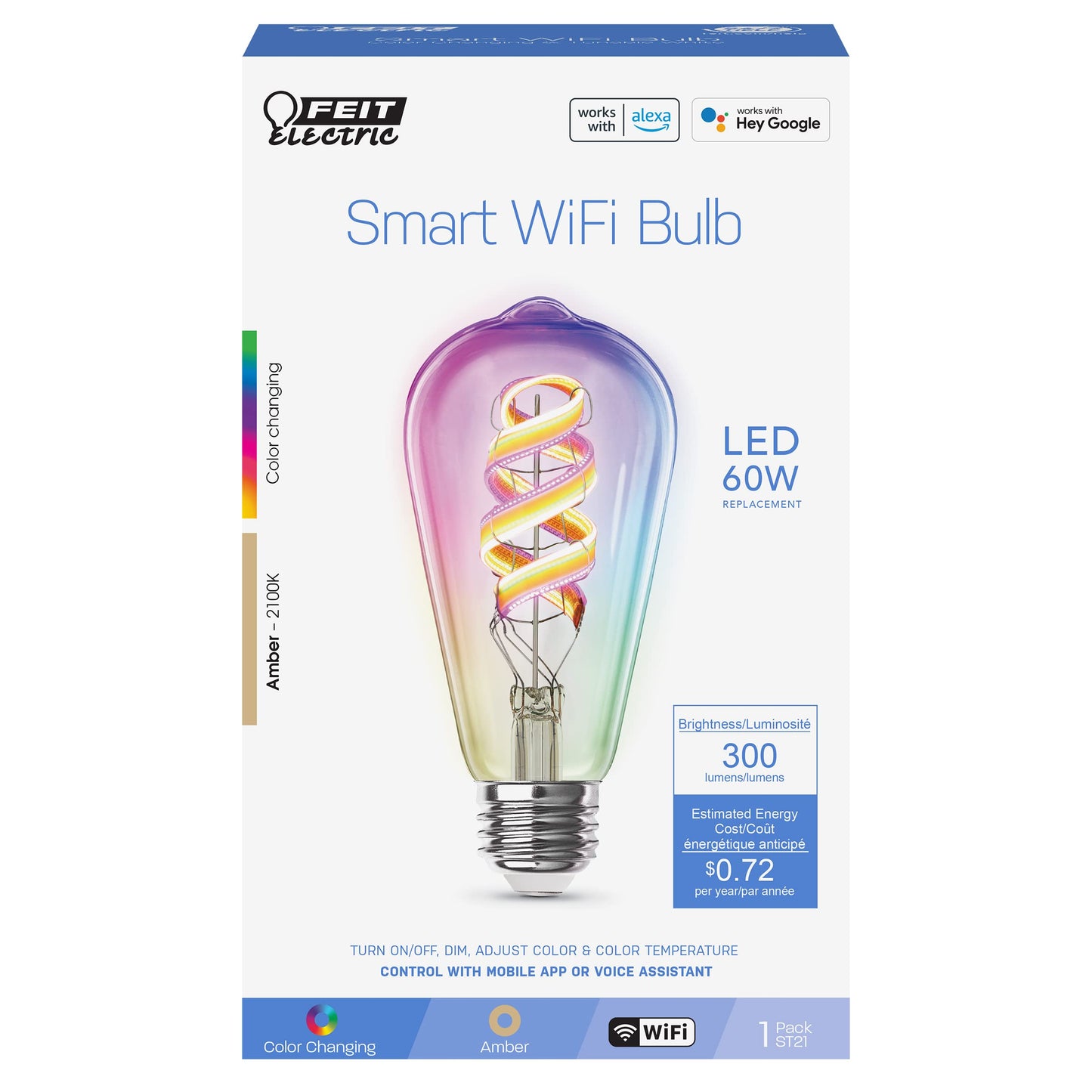 Feit Electric ST21 Smart Spiral LED Filament Edison Bulb, 60W Equiv, RGBW Color Changing, Dimmable, 2.4GHz Wi-Fi Enabled, Works with Alexa & Google Home, App Control, ST2160/RGBW/FIL/AG/4, 4 Pack