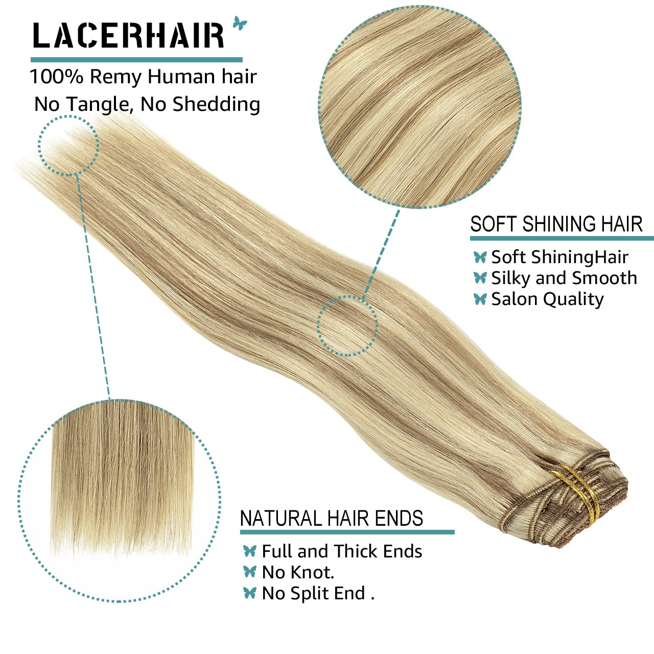 Lacer Hair Clip In Hair Extensions Real Human Hair Light Brown Highlighted Platinum Blonde Color Thick Silky Straight Remy Hair Clip In Extensions 7 Pieces 120 Gram 14 Inch