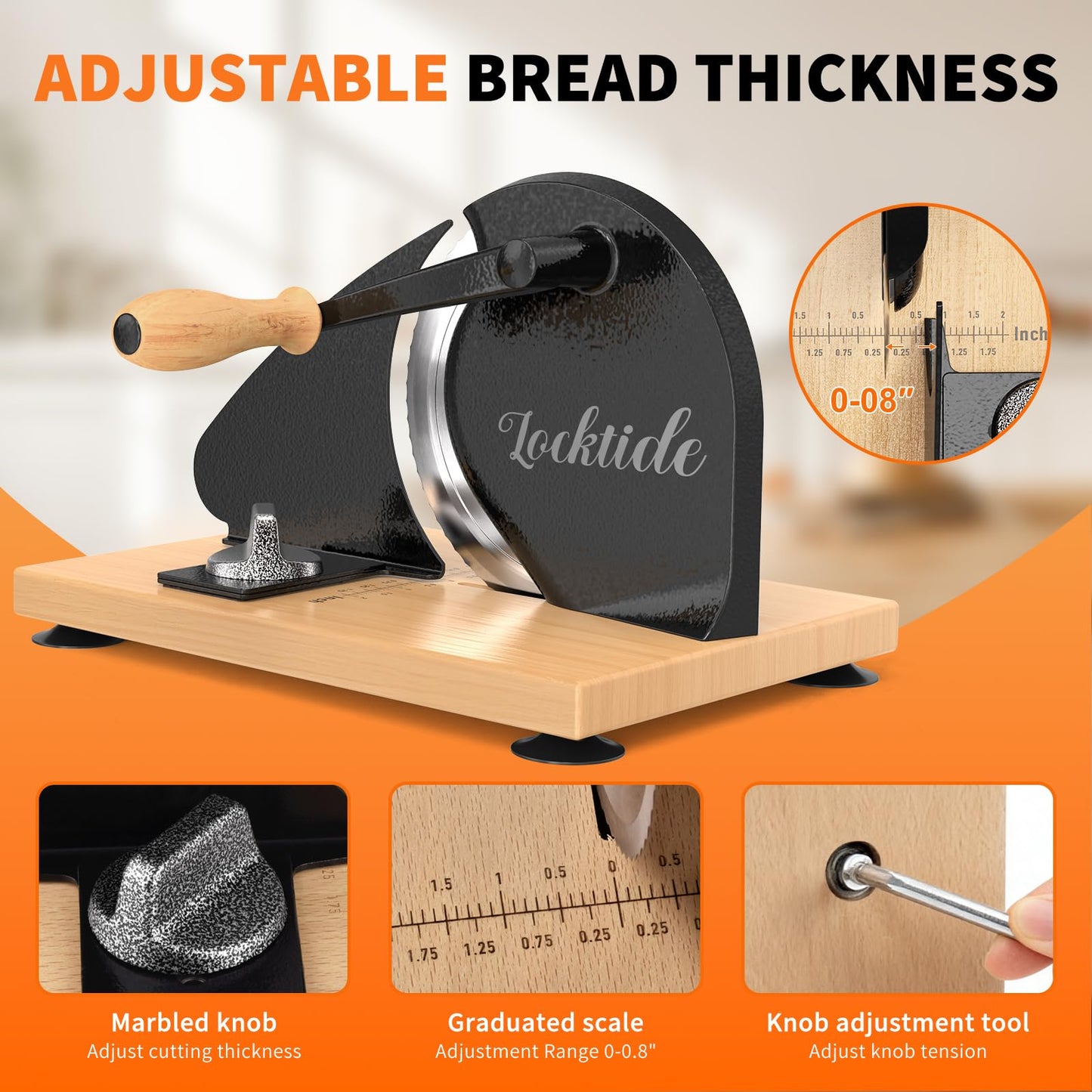Manual Bread Slicer for Homemade Sourdough Bread, Hand Crank Bread Slicer With Scale Line, Suction Cups and Quality Solid Wood Base, Adjustable Thickness, Evenly Slice