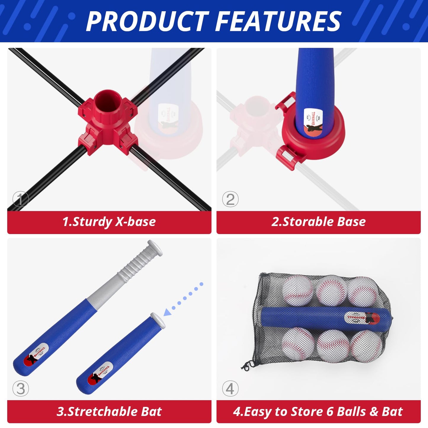 HYES 3 in 1 T Ball Set for Kids 3-5, Kids Baseball with Hanging Tee/Standing Tee/Automatic Launcher/6 Softballs, Adjustable Height Toddler Baseball Sets Indoor Outdoor Sport Gifts Toys for Boys, Blue