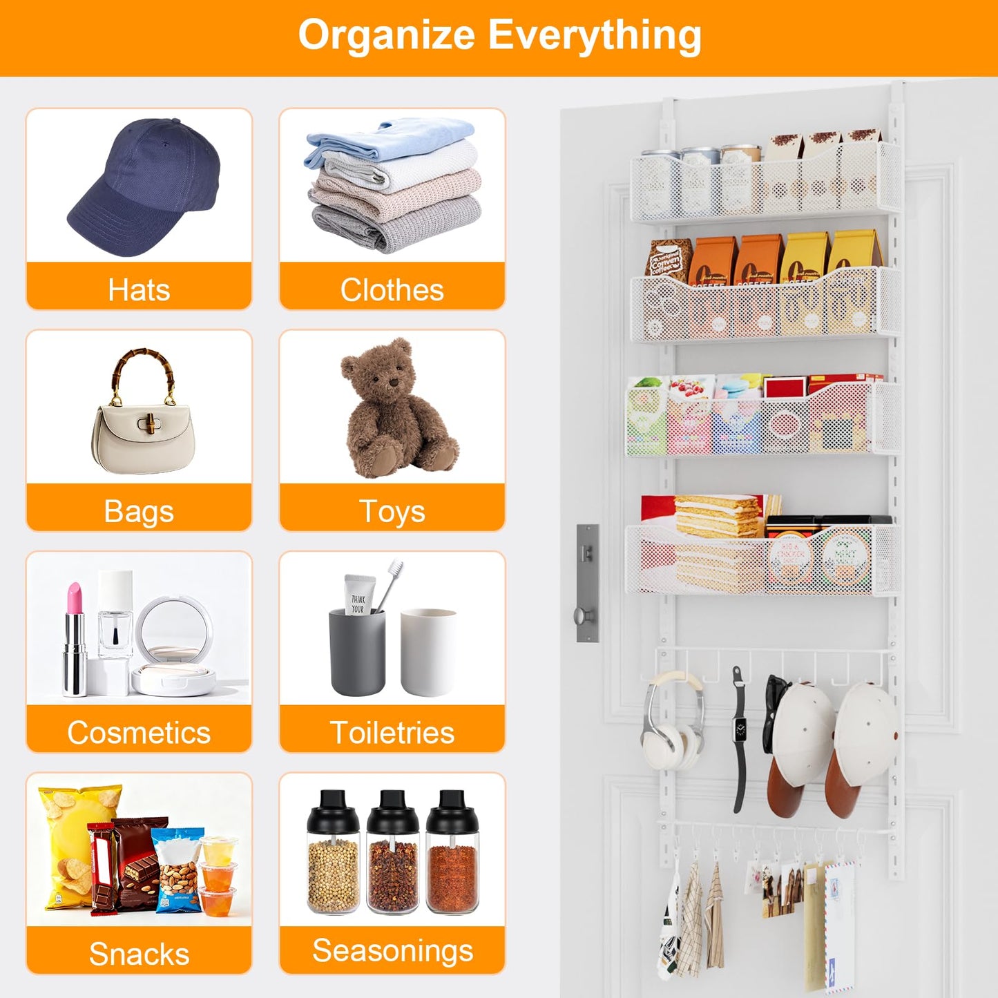 Over the Door Organizer, 2 in 1 Metal Hanging Closet Organizer & Hat Rack with 4 Adjustable Baskets, 8 Hooks, 10 Clips, Behind The Door Storage for Bedroom, Bathroom, Entrance, Closet, Kitchen, White
