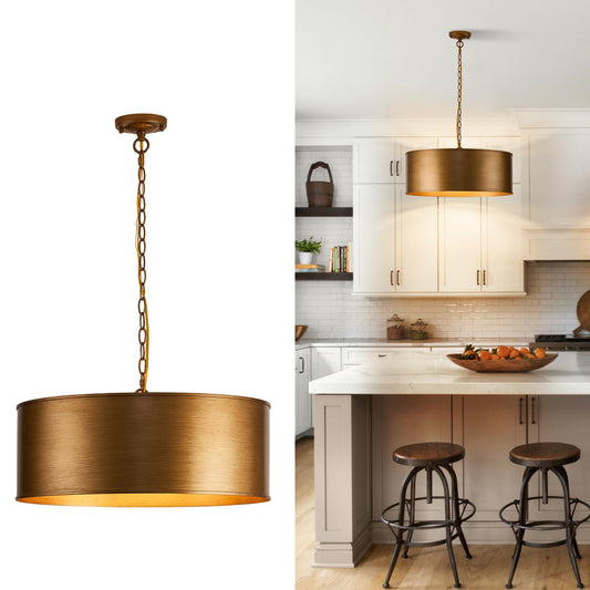 21" Vintage Metal Drum Chandelier, 4-Light E26 Industrial Adjustable Chain Hanging Pendant Light Fixtures for Foyer Entryway Kitchen Bedroom, Golden Bronze Finish
