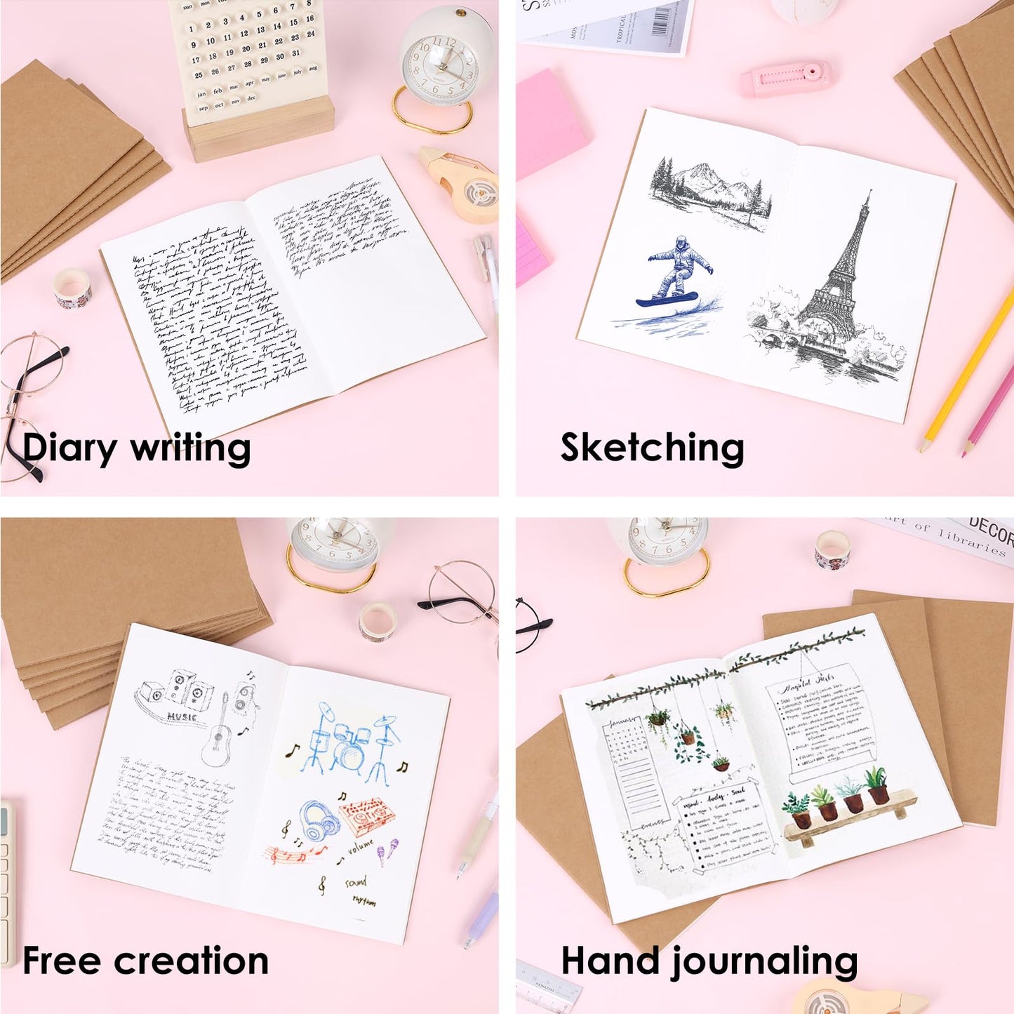 LABUK 100 Pack Blank Kraft Notebooks Journals A5 Sketchbook Drawing Pad Book for Kids Junk Journal, 60 Pages, 8.3 x 5.5 Inches