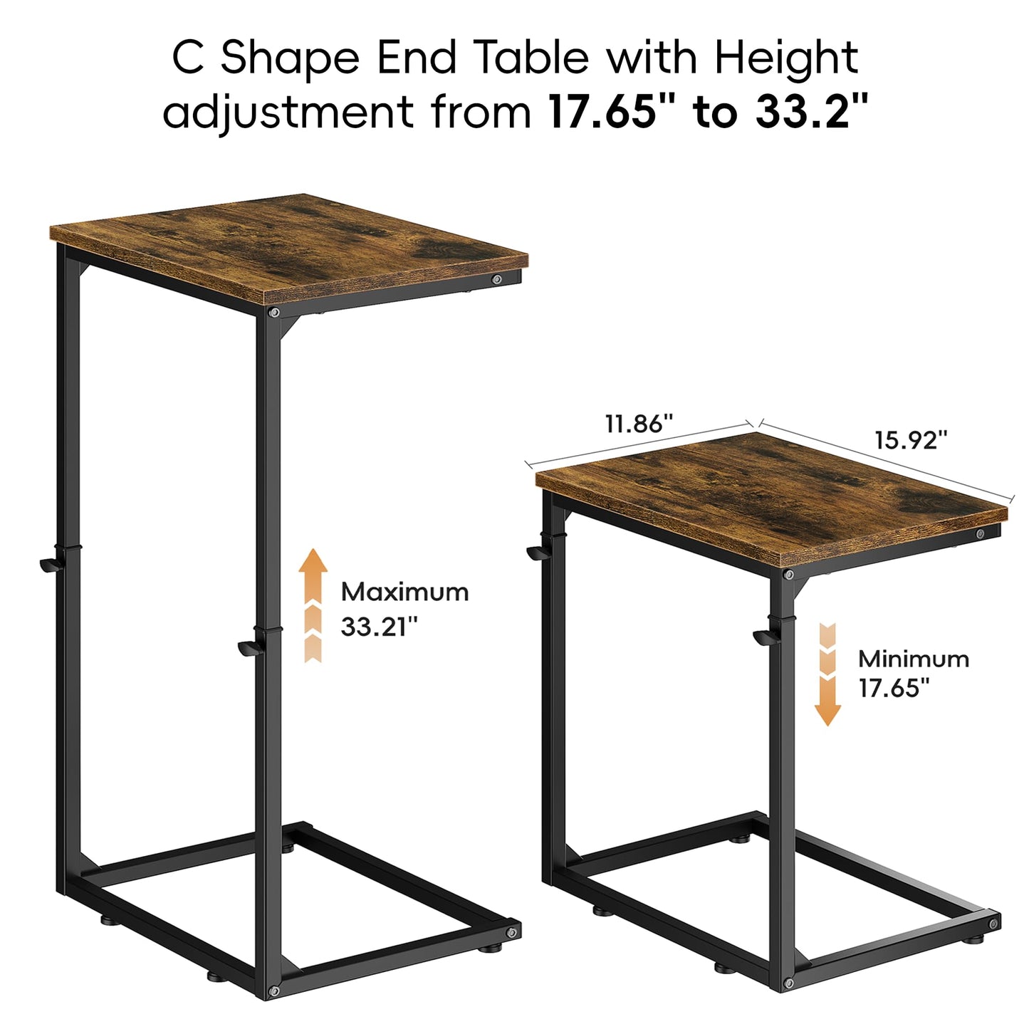 Vagusicc C Shaped End Table for Couch, 33.2'' Tall C Table Adjustable Height Side Table, Small Side Table for Small Spaces, Couch Tables that Slide Under, Tv Tray Table for Living Room, Rustic Brown