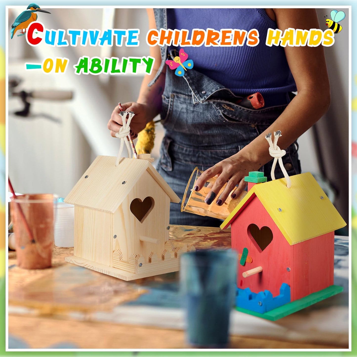 Juexica 4 Pack Wooden Birdhouse Kit DIY Buildable Bird House with Paint and Paintbrushes Art and Crafts Painting Kits for Boys Girls Adults Classroom Projects Gift Birthday Outdoor Craft(Heart)