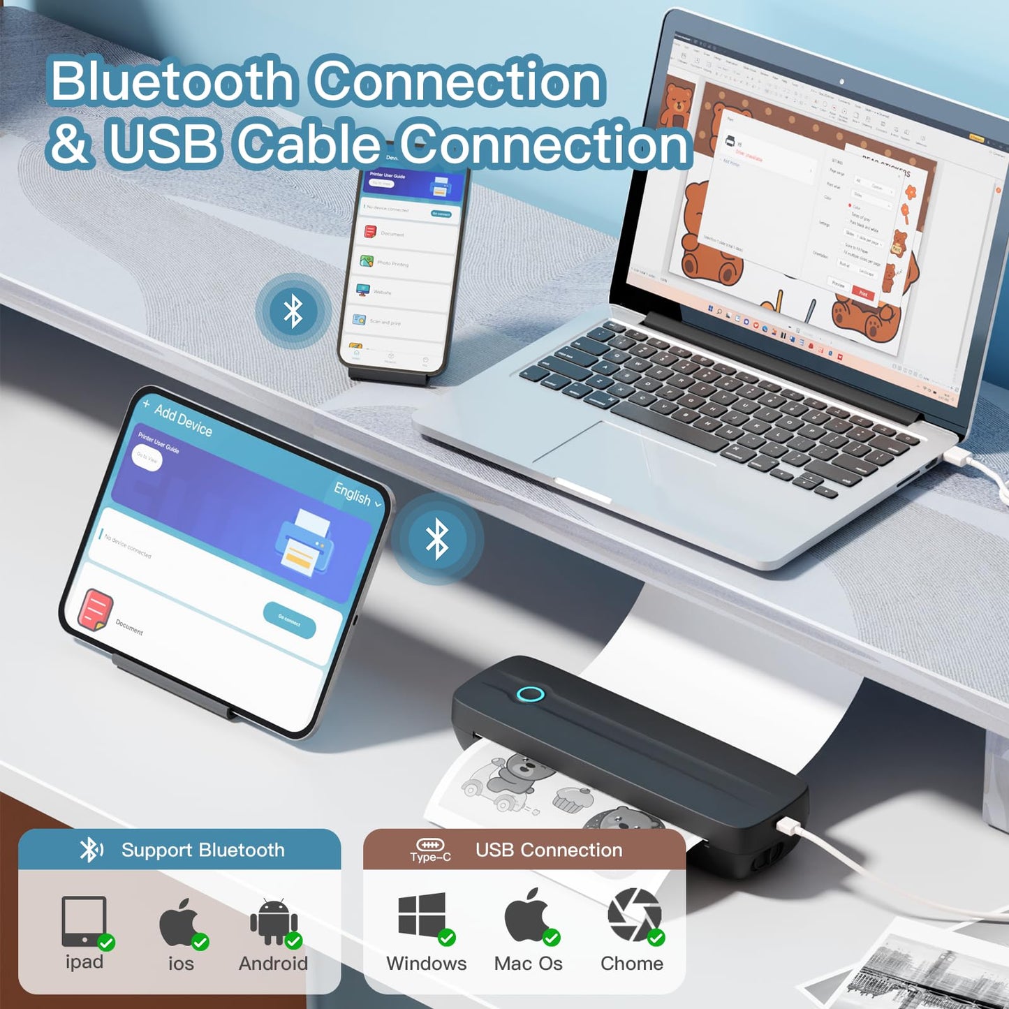 Portable Thermal Printer Wireless for Travel, Supports 8.5" X 11"US Letter/A4/A5/4in/3in/2in Thermal Paper, Bluetooth Inkless Printer Compatible with iOS, Android & Laptop for Office, School, Vehicle