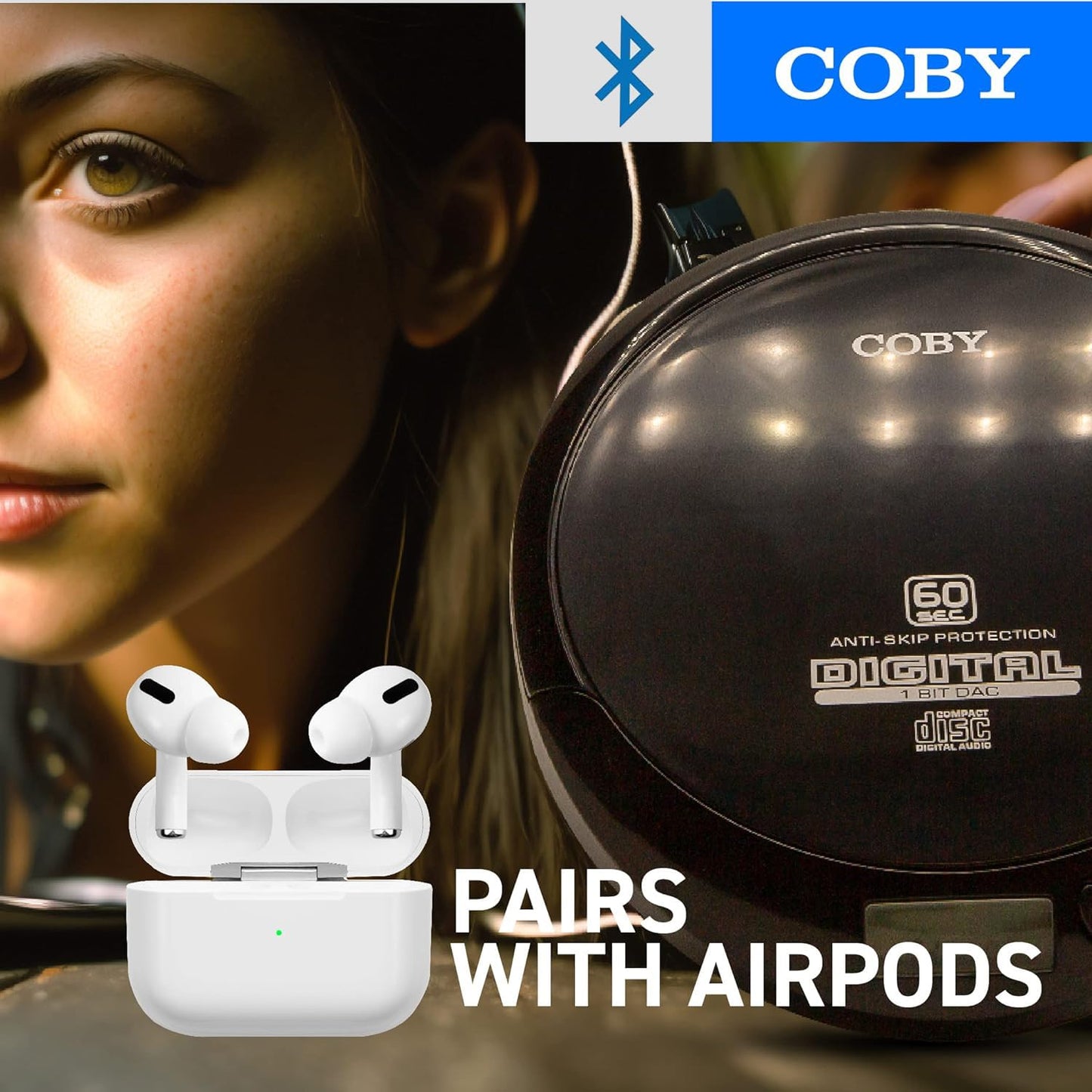 Coby CD Player Portable Bluetooth CD Player for Car, Headphones, FM, AUX, MP3 Anti-Skip CD Player for Home, Compact Discman, Rechargeable, Lightweight