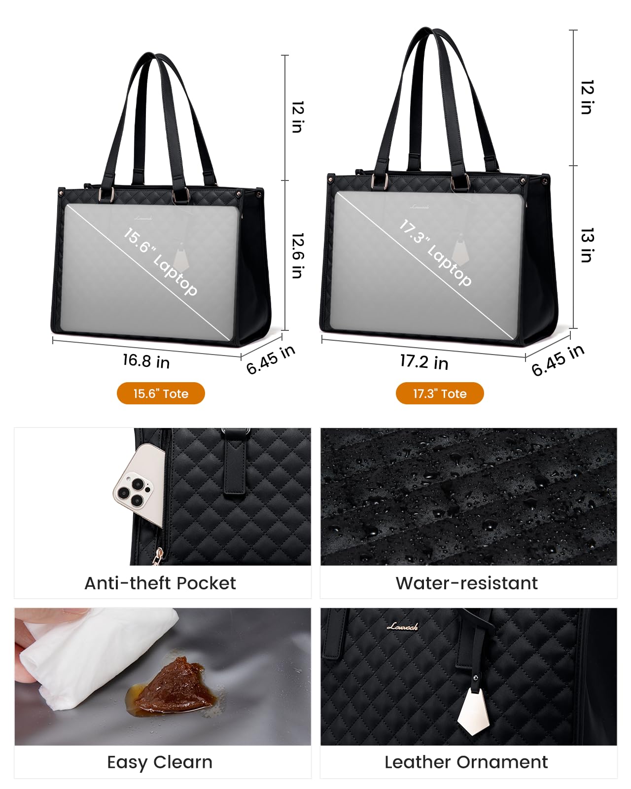 LOVEVOOK Lunch Tote Bag for Women, 15.6 Inch Laptop Bag with Insulated Lunch Compartment, Quilted Large Capacity Computer Handbag with Purse for Business, Work, Nurse, Office, Collage, Casual, Black