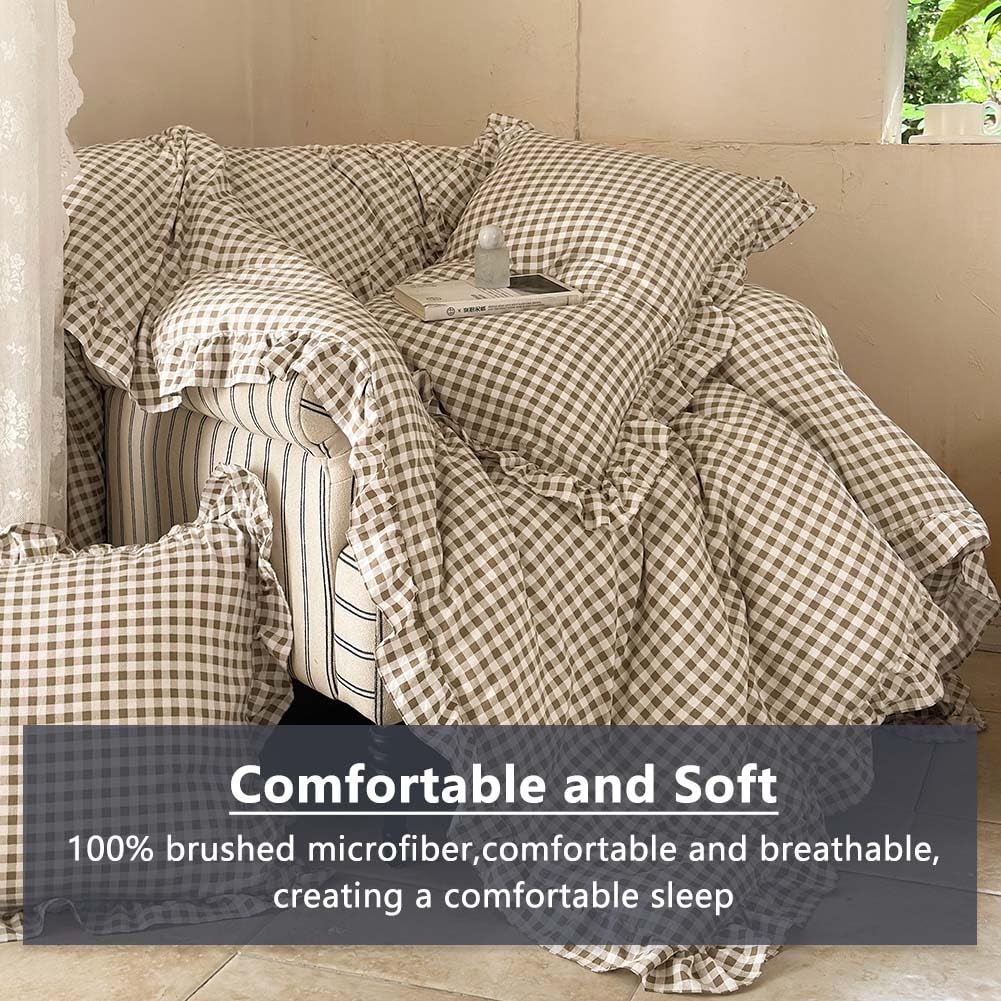 NSNLGSGC Tan Ruffle Gingham Comforter Set Queen, Pre-Washed Ruffled Taupe Plaid Checked Comforter Bedding, 3 Pieces Vintage Farmhouse Grid Bedding Set(Tan Gingham, Queen)