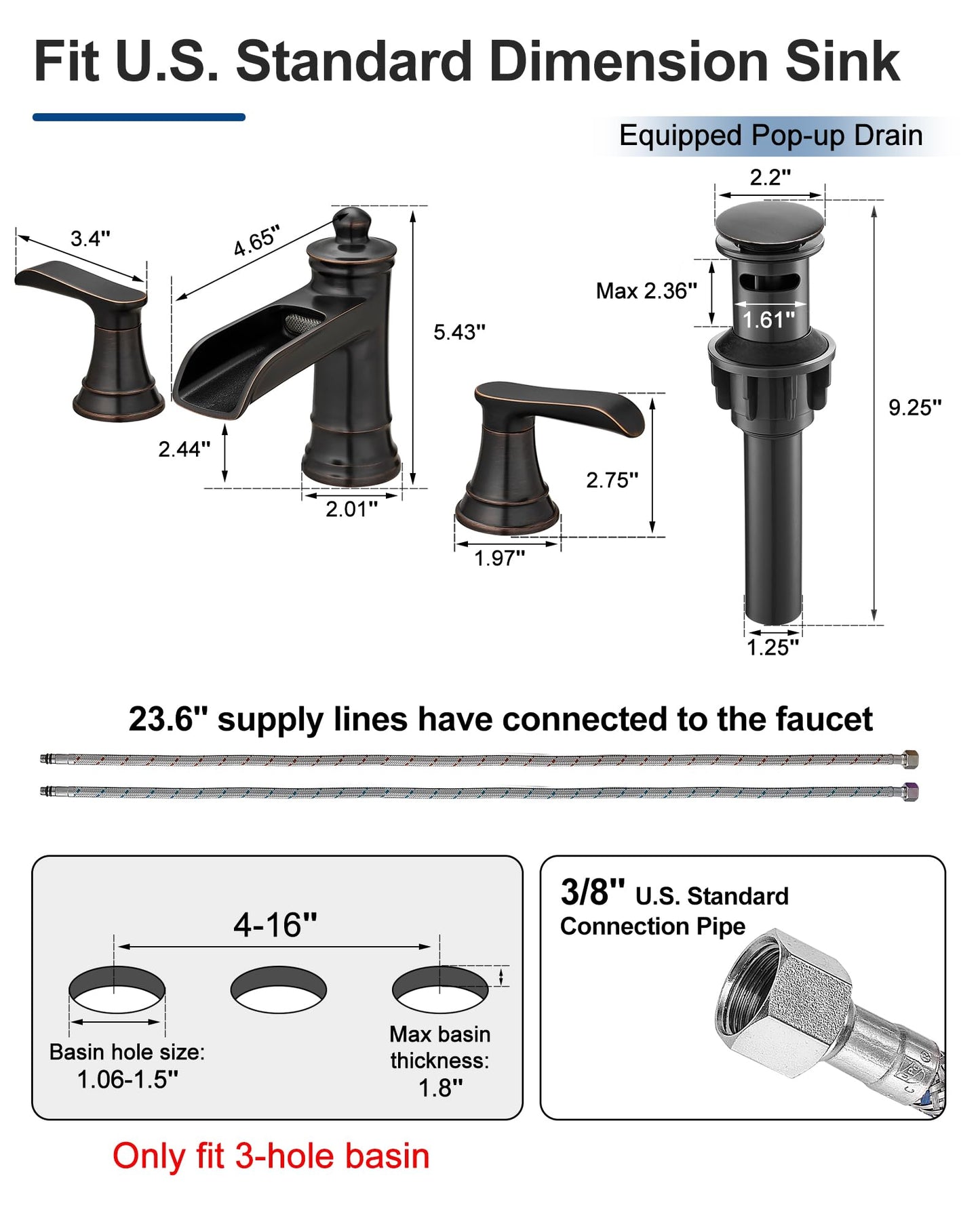 HEYMYTAP 4-16 Inch Oil Rubbed Bronze Waterfall Bathroom Faucet 3 Hole, Brass Bathroom Sink Faucet 2 Handles Widespread with Pop-up Drain & cUPC Supply Hoses for Vanity, Lavatory, Restroom, Farmhouse
