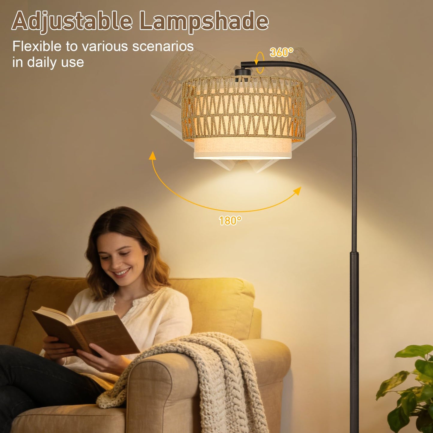 Rattan Floor Lamp, Dimmable Boho Floor Lamp, Farmhouse Arc Standing Lamp with Adjustable Rattan & Fabric Shades, Modern Lamp Tall Lamp for Living Room Bedroom Office Reading Room, Bulb Included